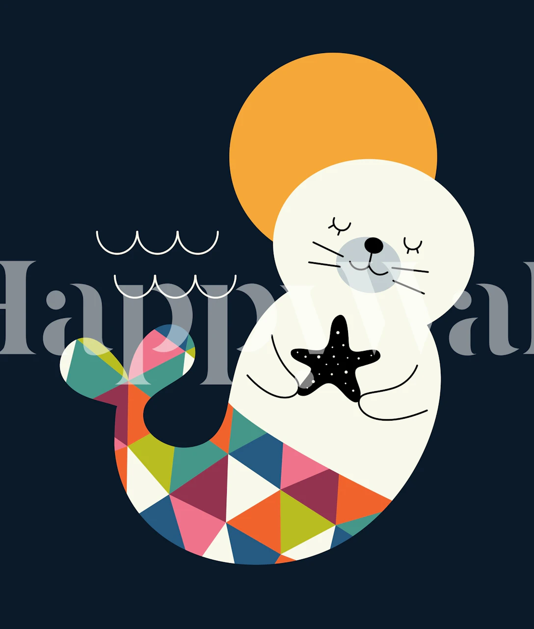 Okouzlující fototapeta „Seals Mermaid“ se vzorovaným ocasem mořské panny na tmavě modrém pozadí