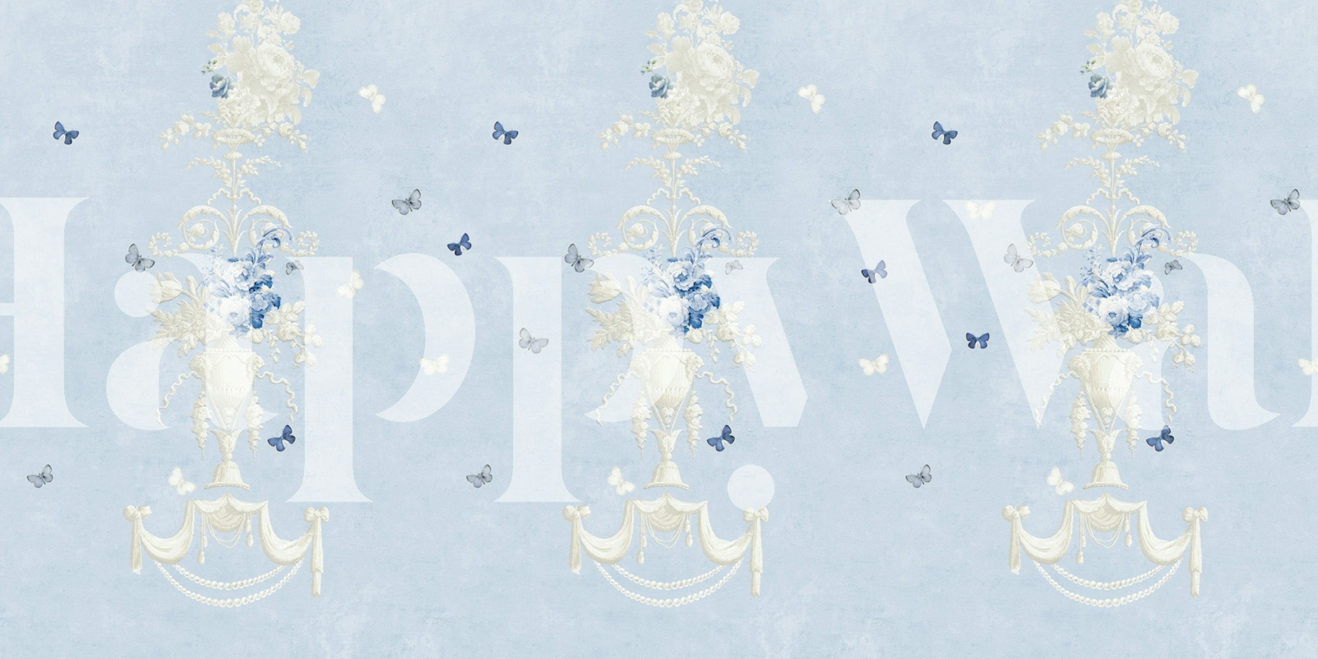 Floral pattern with blue and white flowers and butterflies wallpaper