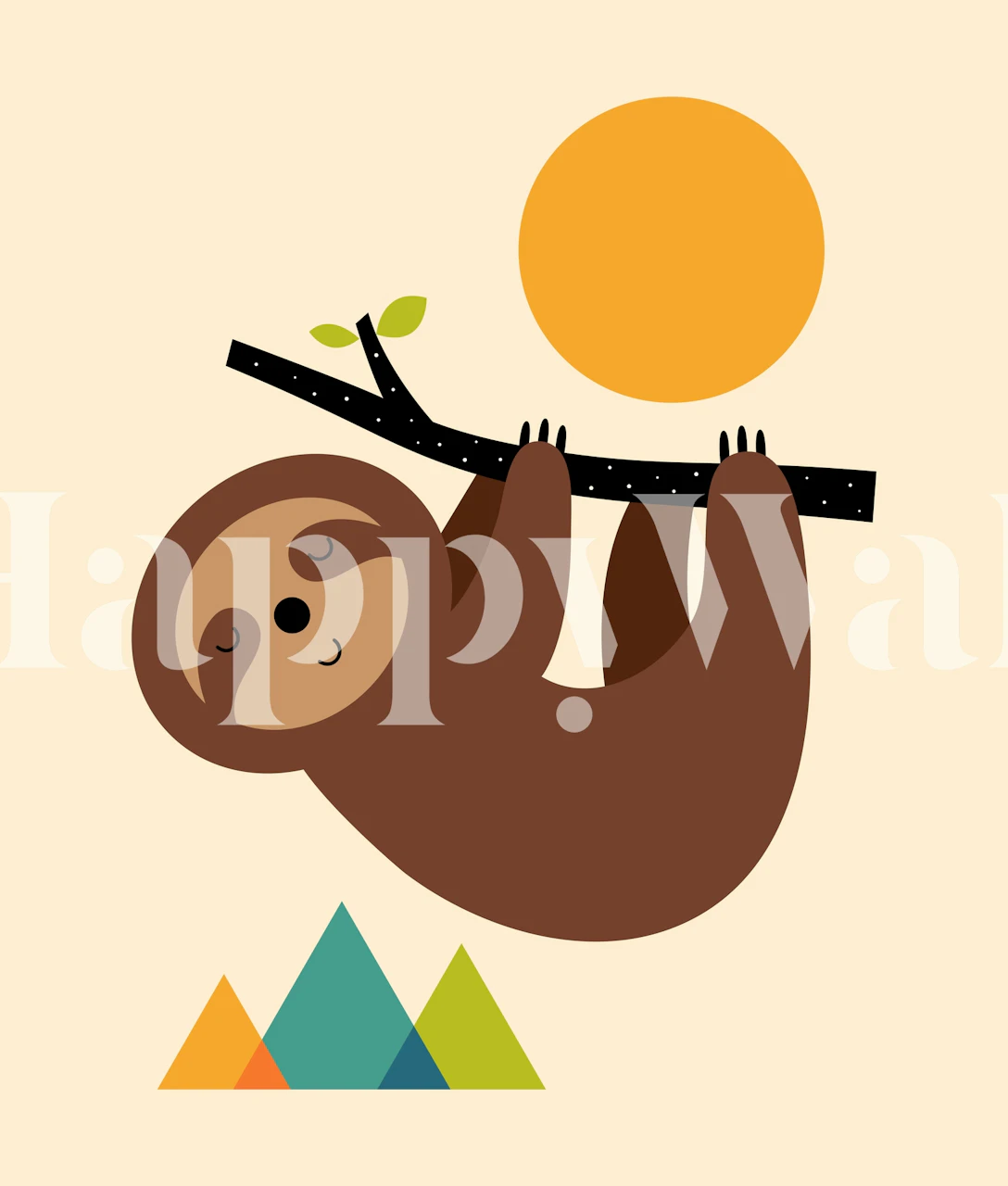 Cartoon sloth holding a branch with a sun and mountains wallpaper
