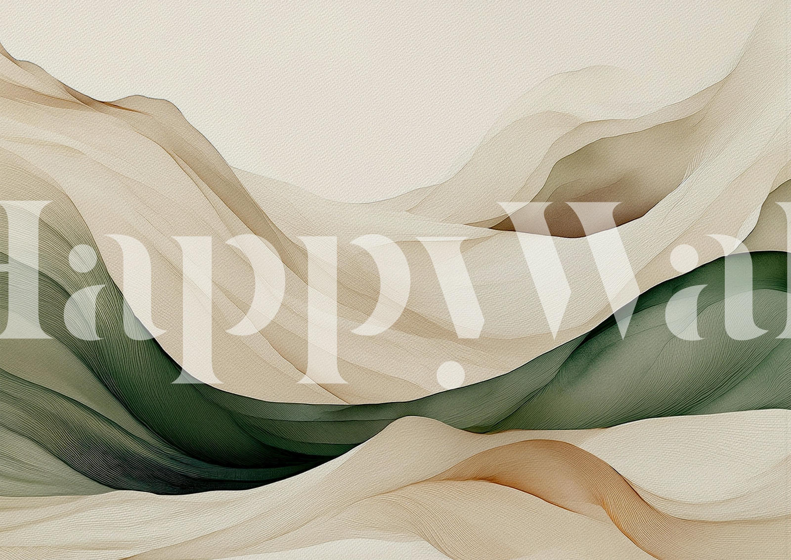 Abstract flowing waves in green, beige, and cream wallpaper