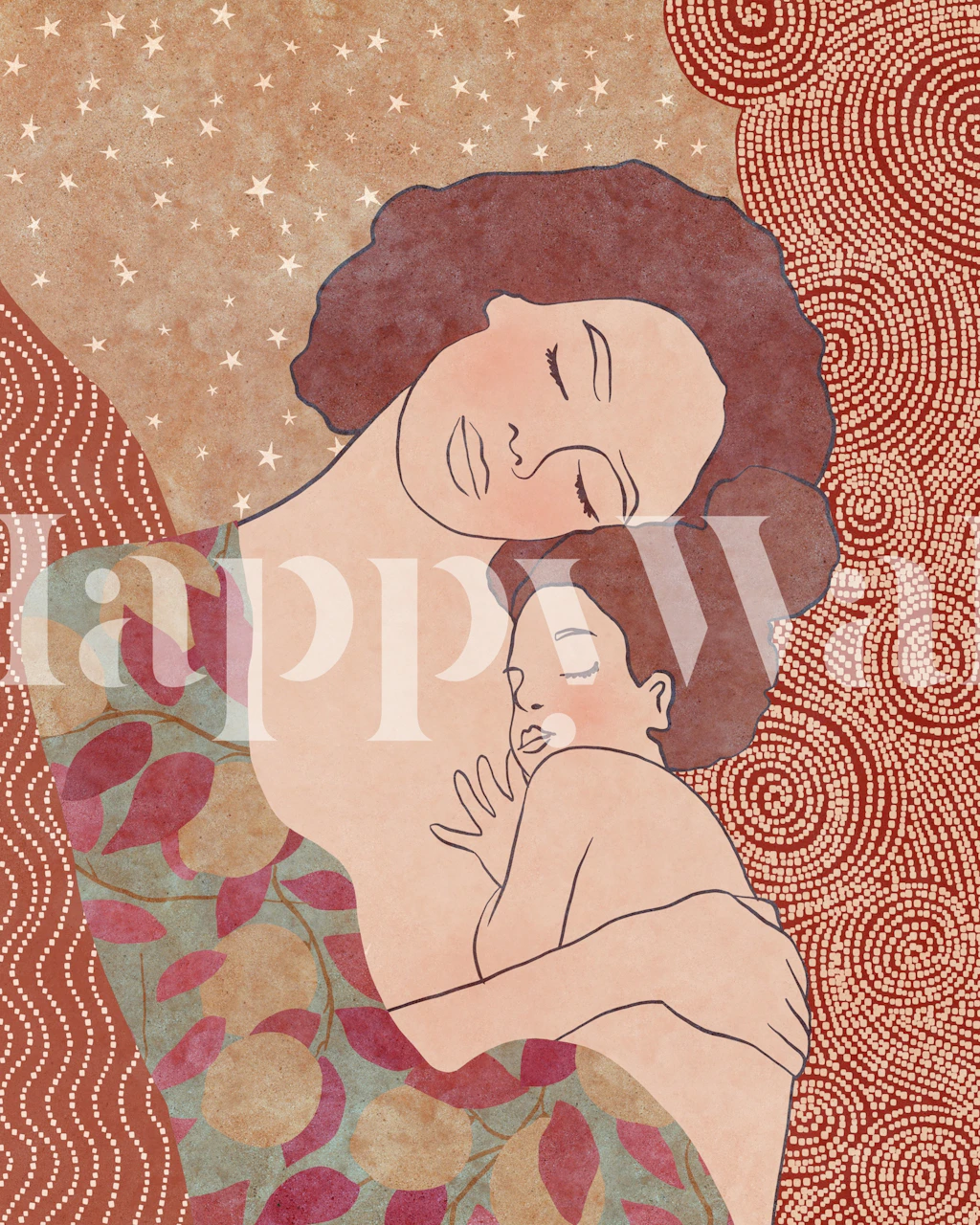 Mother and child illustration with floral elements in warm tones wallpaper
