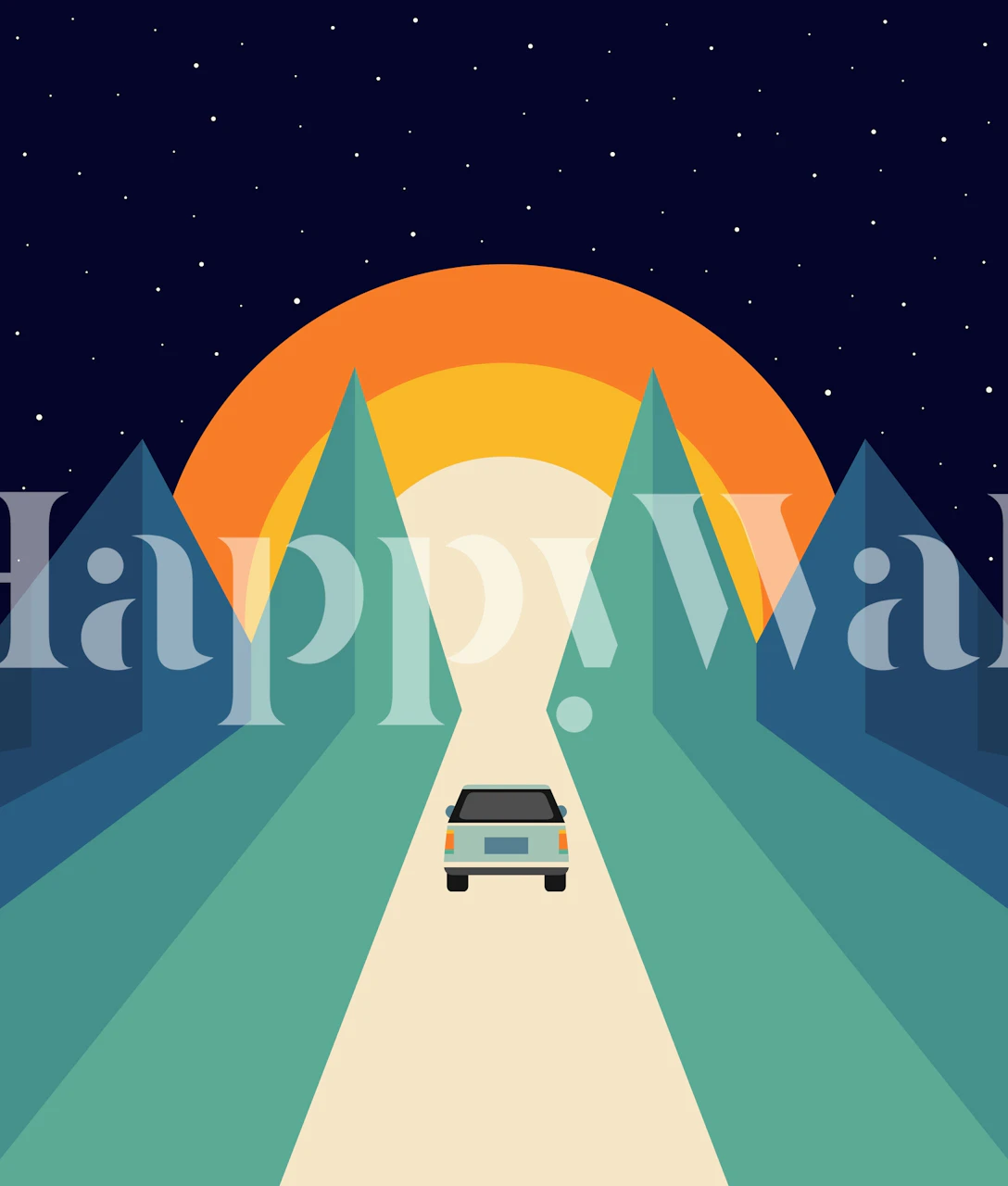 Minimalistički zidni mural s automobilom na cesti, brdima i zalaskom sunca