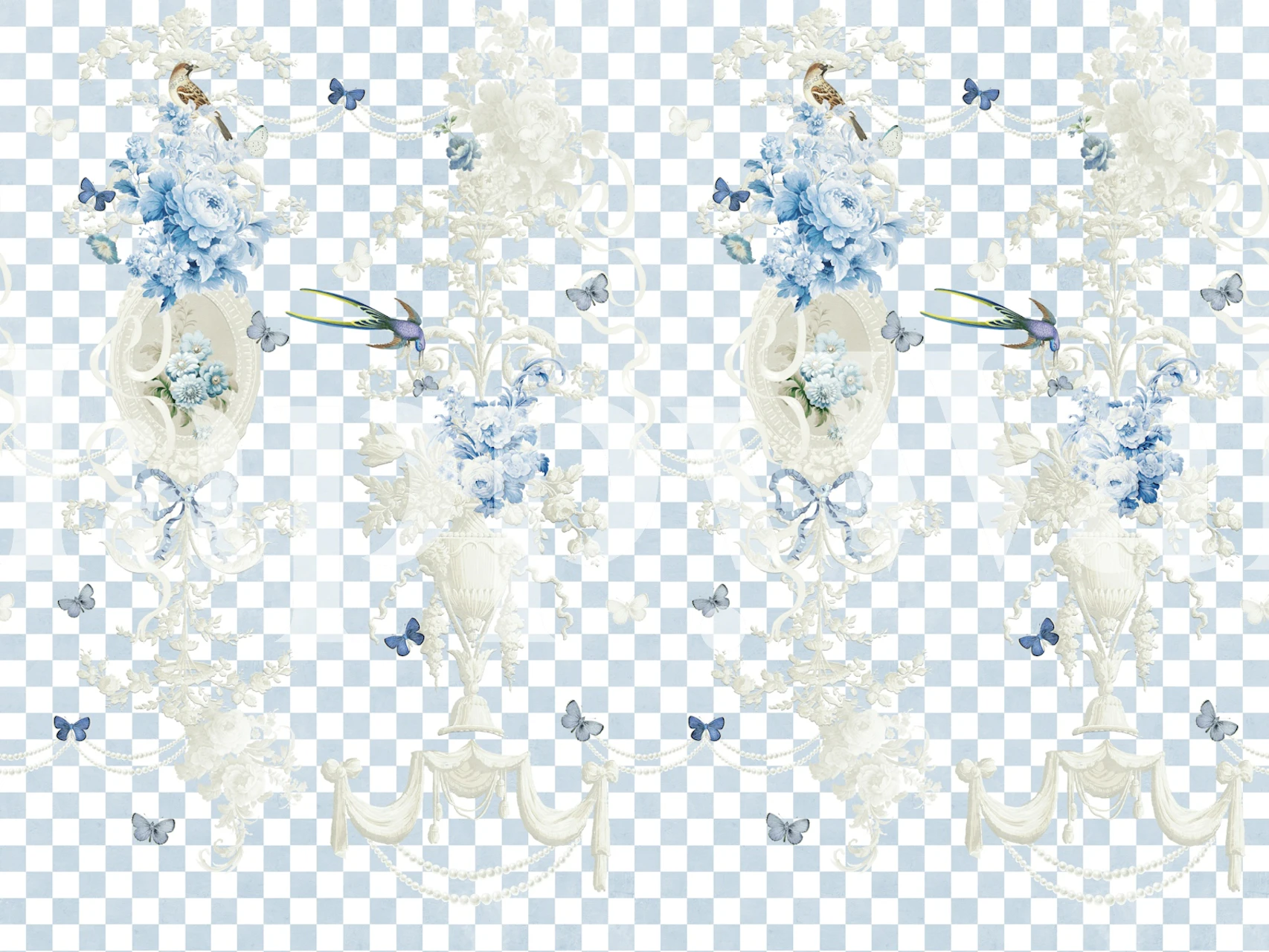 Chic Checkered Blossoms BabyBlue wallpaper design