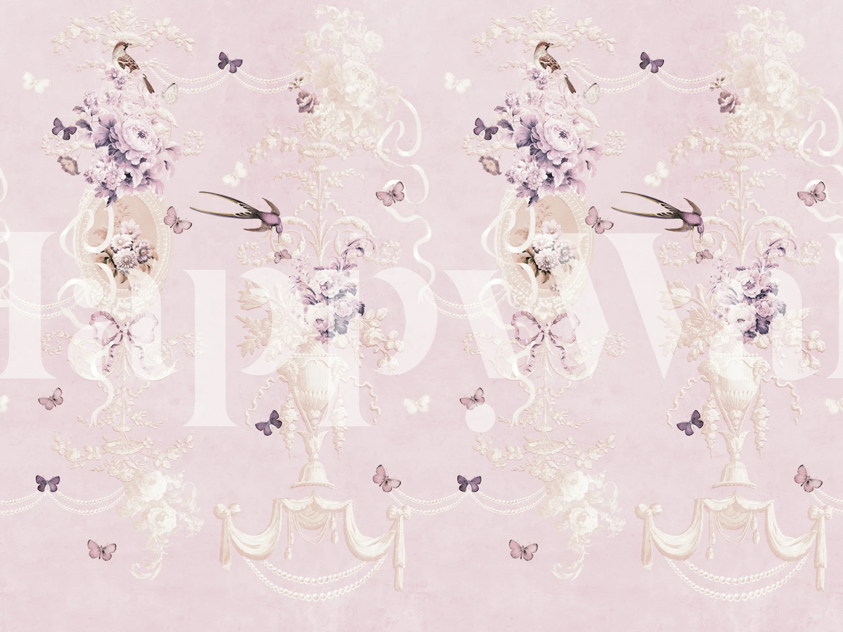 Pink floral wallpaper with butterfly motifs and decorative vases
