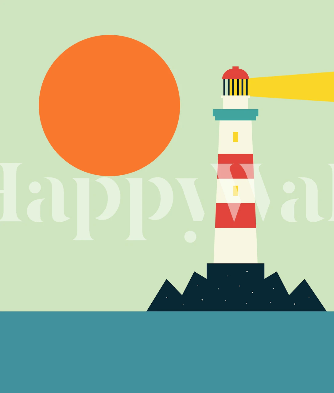 Colorful lighthouse with orange sun and blue sea wallpaper
