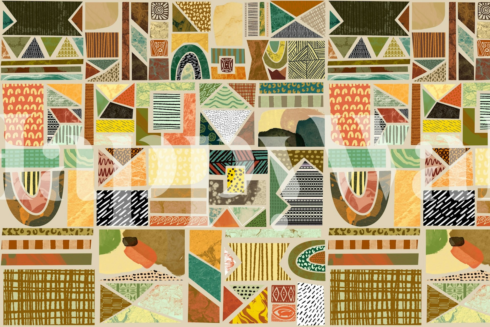 Geometric patterns in warm earthy colors including orange, green, and tan wallpaper