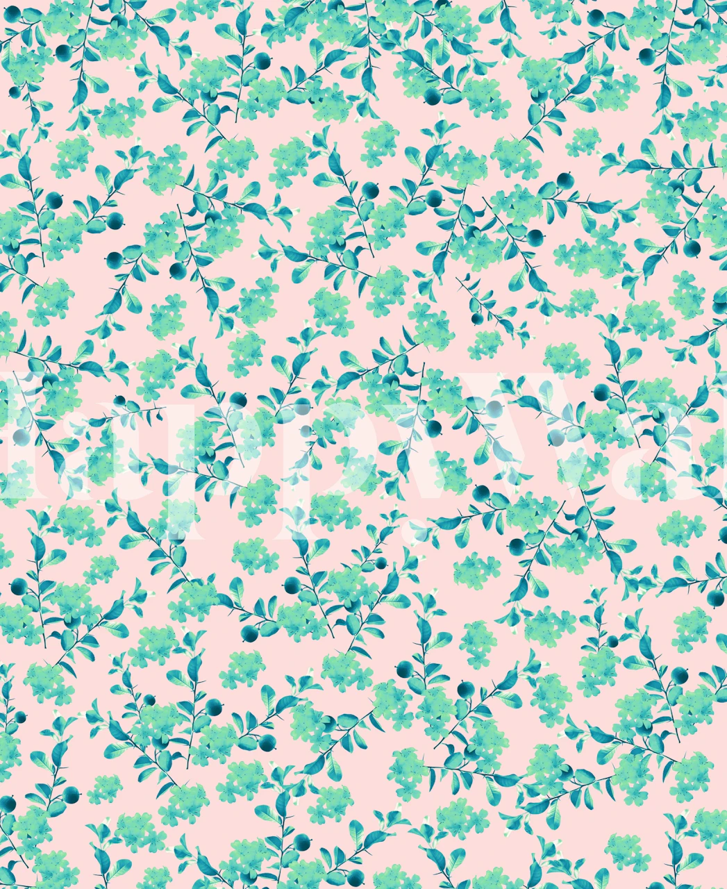 Turquoise blush mint flower wallpaper in a room