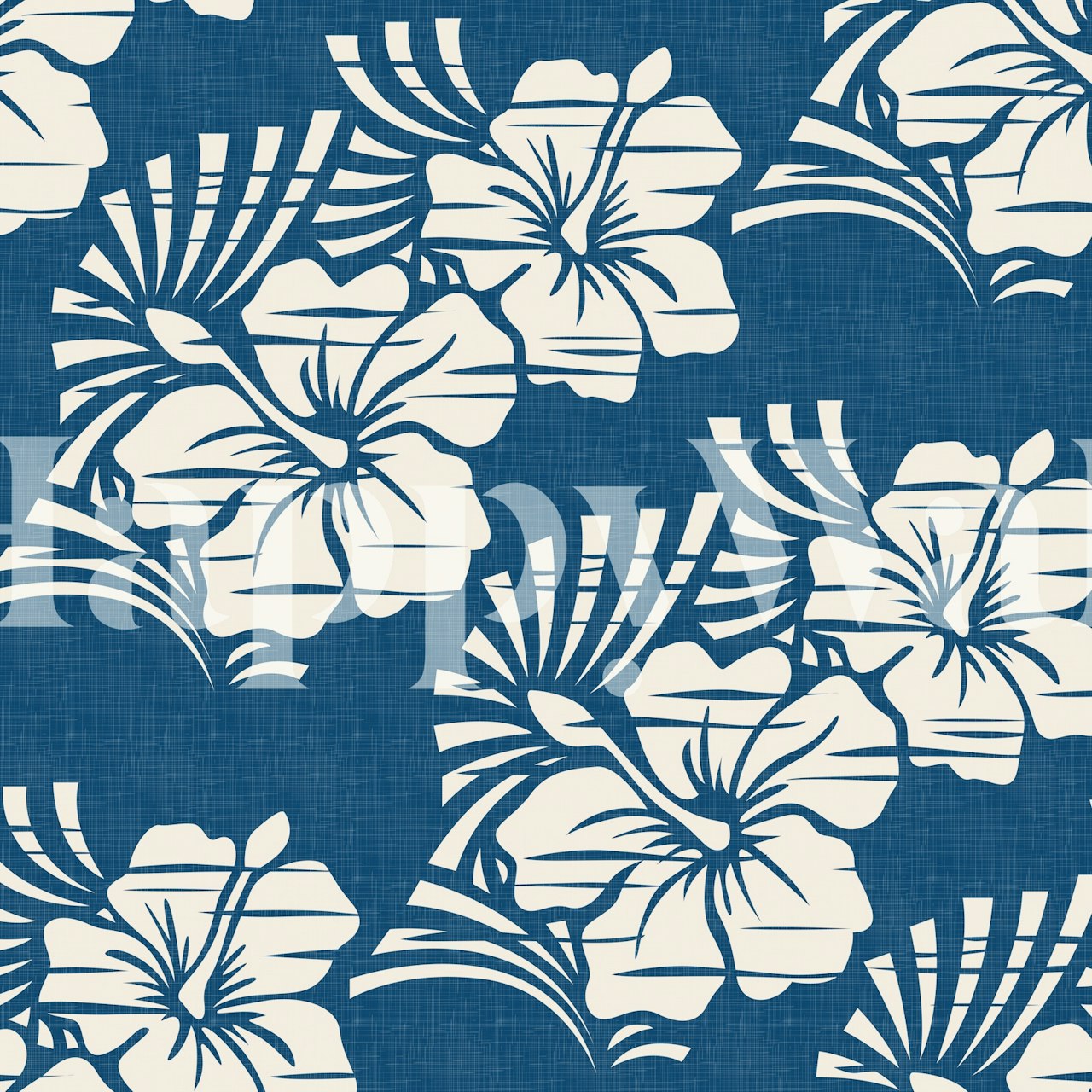 Hawaiian Block Print Hibiscus Flowers Blue wallpaper in a room