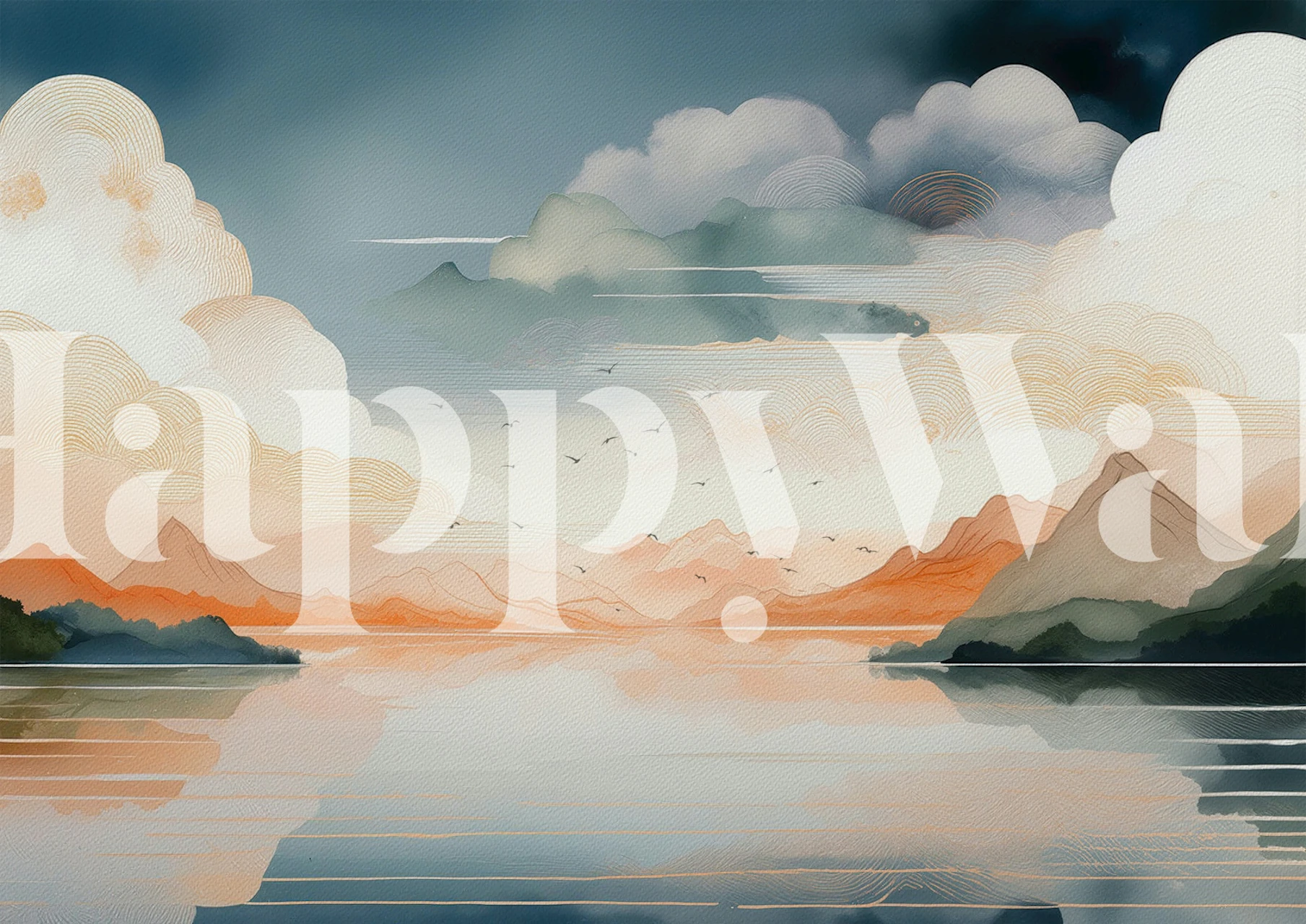 Misty Mountain Reflections behang in een kamer