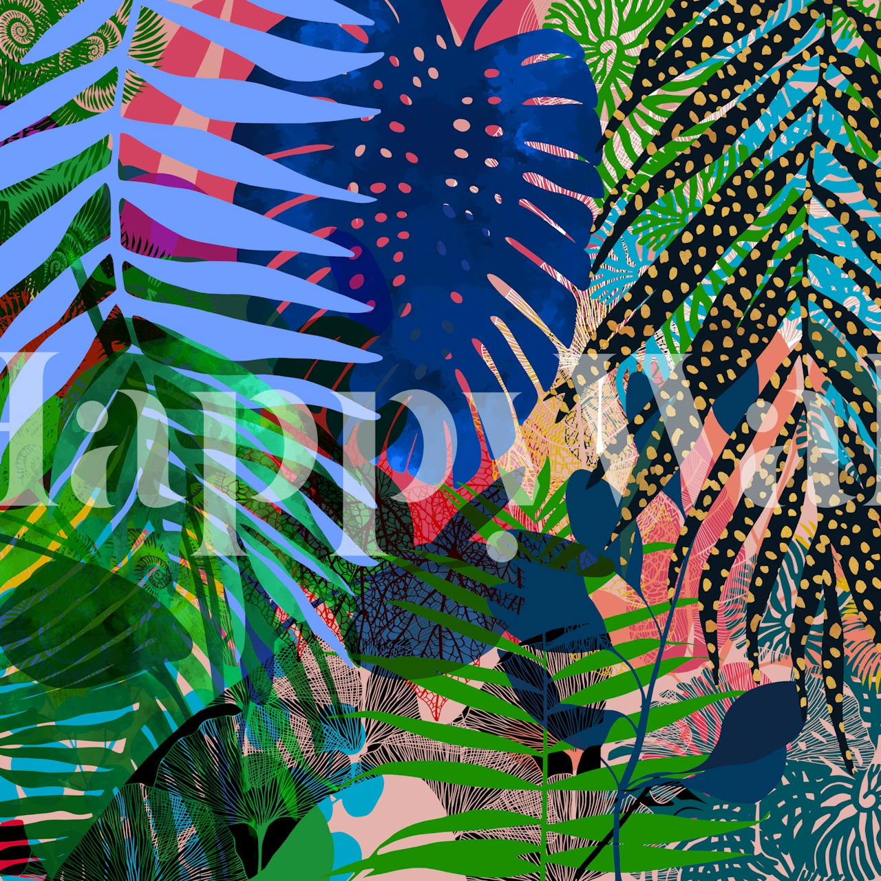 Colorful jungle leaf patterns with vibrant greens, blues, and pinks wallpaper