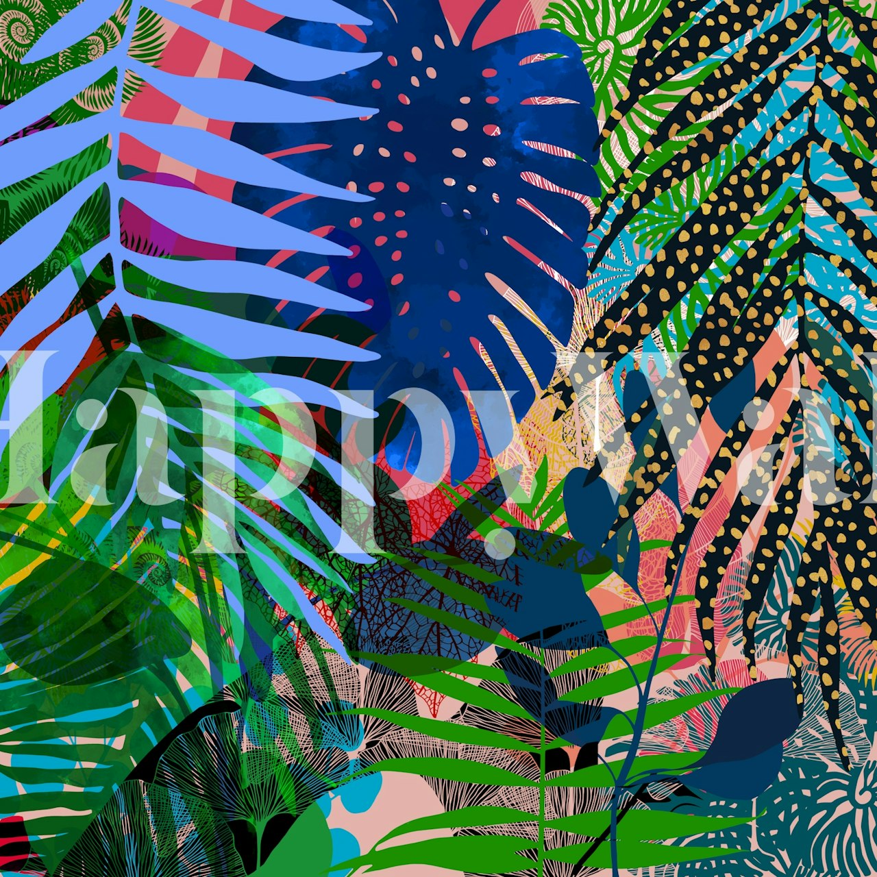 Colorful jungle leaf patterns with vibrant greens, blues, and pinks wallpaper