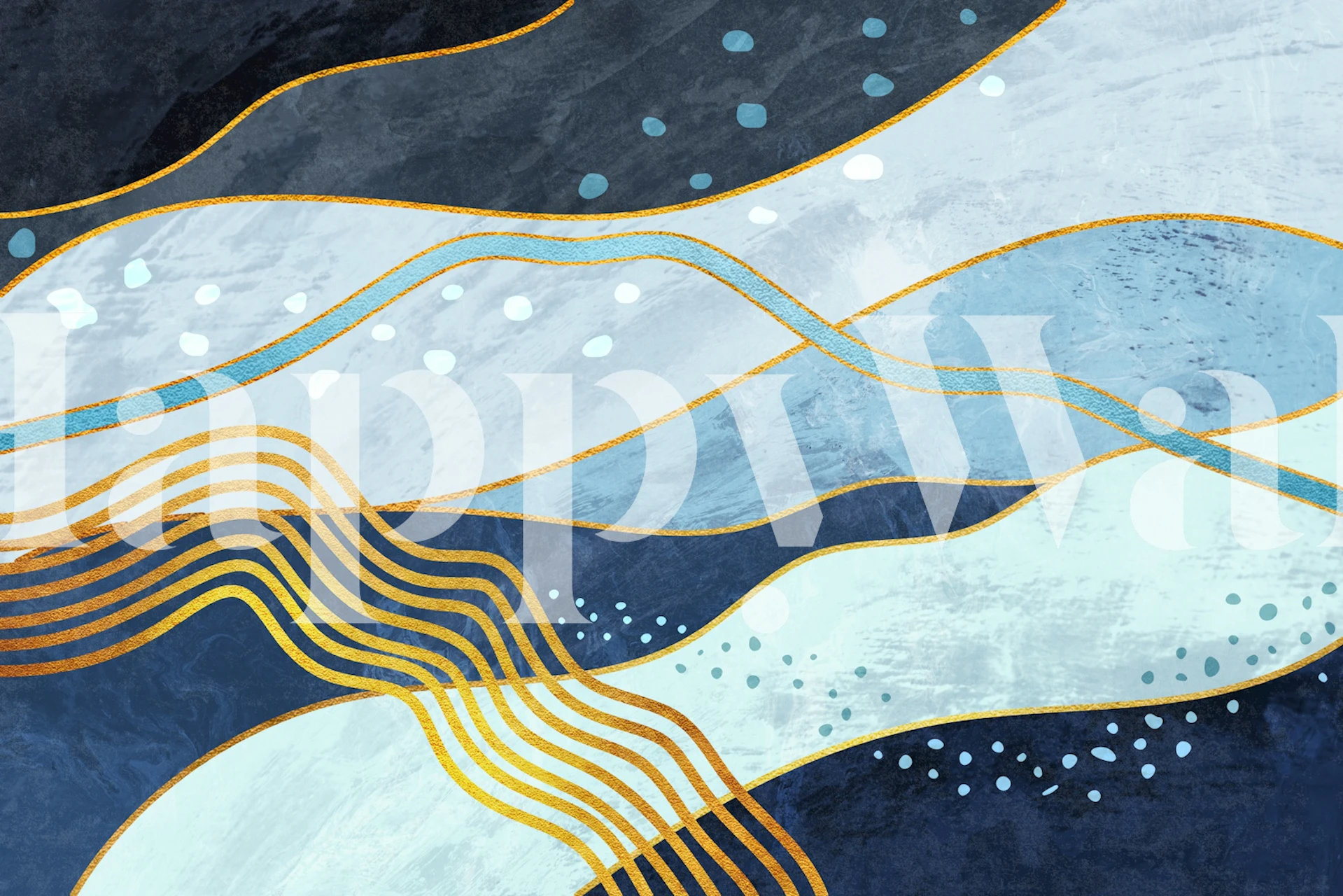 Abstract wave patterns in blue and gold tones wallpaper