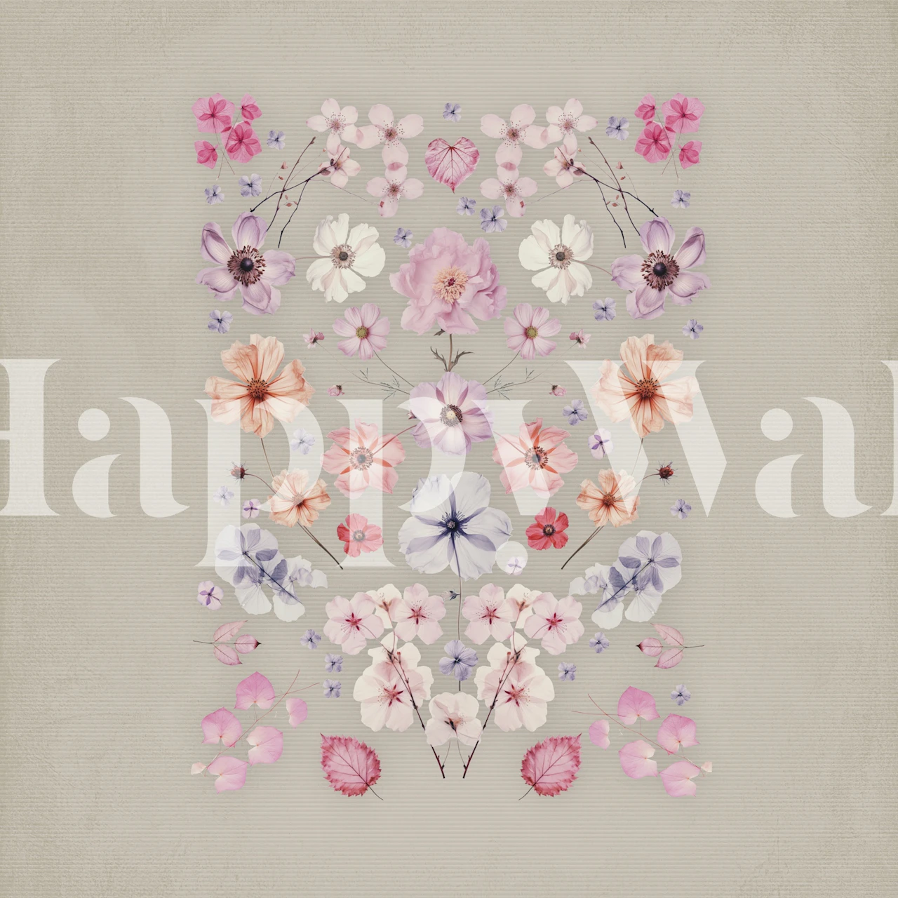 Pressed flower pattern in pink, purple, and grey tones wallpaper