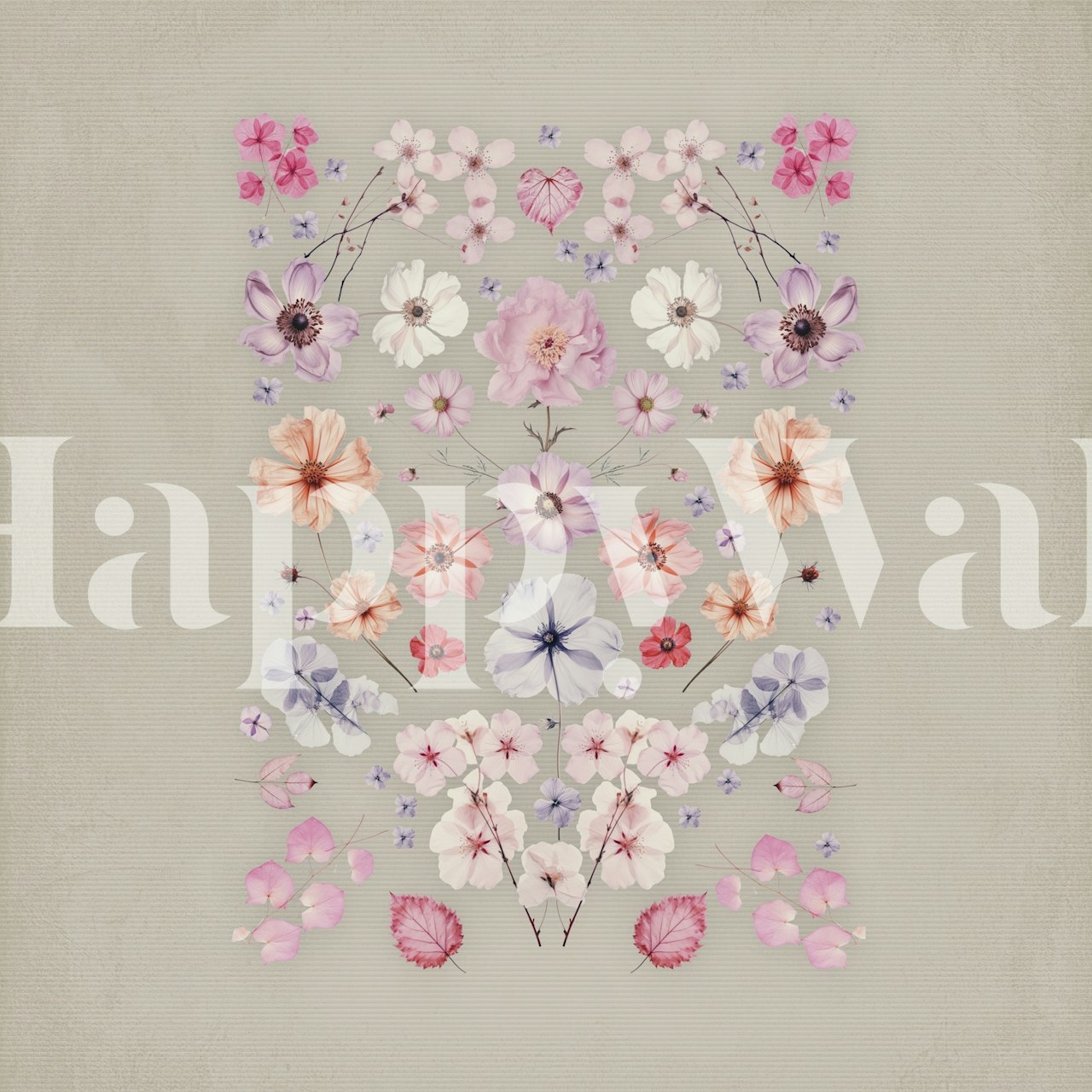 Pressed flower pattern in pink, purple, and grey tones wallpaper