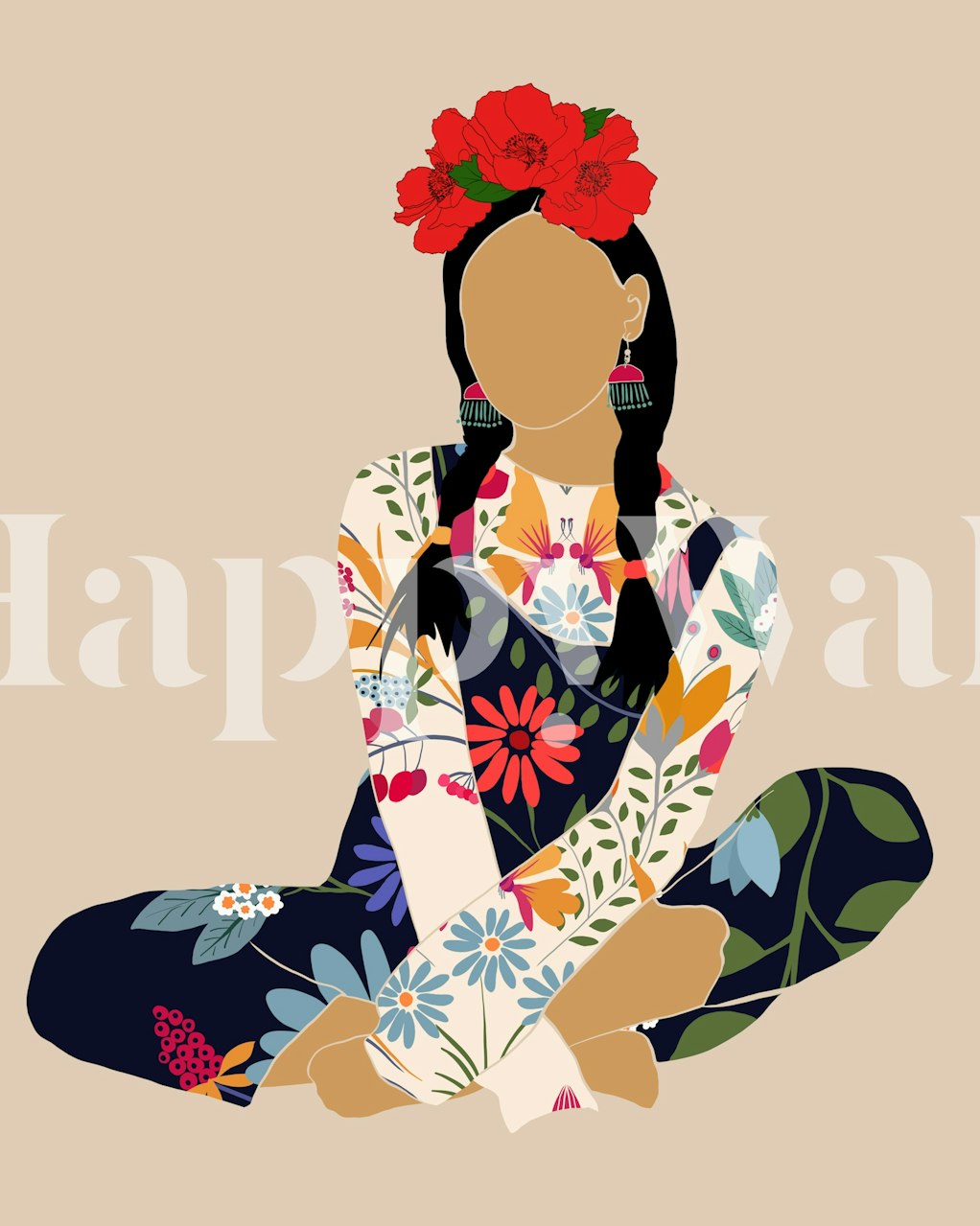 Colorful floral design featuring a woman with flowers and bright patterns wallpaper