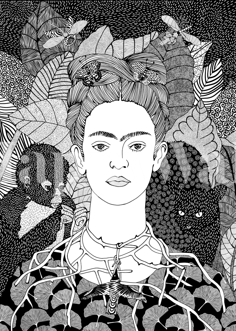 Behang met Portrait with Thorn Necklace and Hummingbird