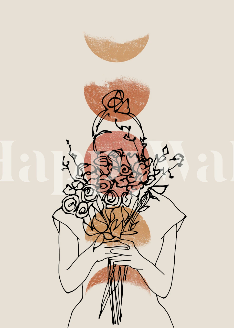 Floral line art design with warm earth tones wallpaper