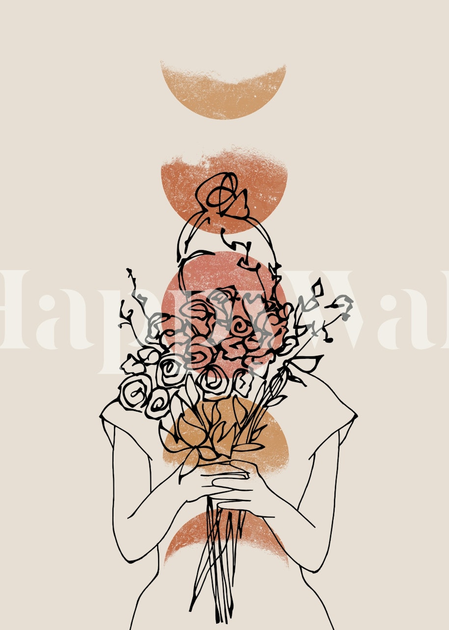 Floral line art design with warm earth tones wallpaper