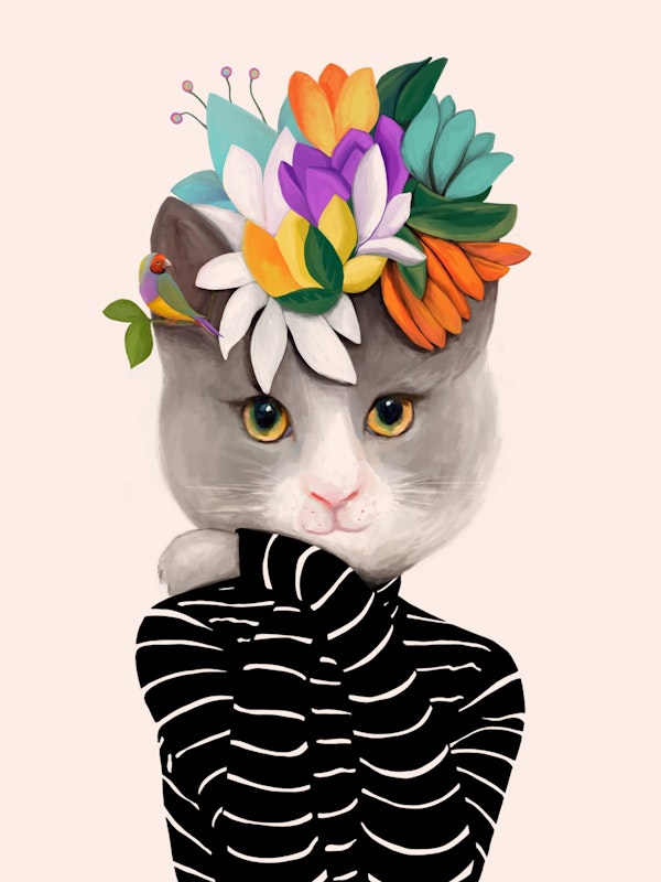 Cat with Flowers and Bird