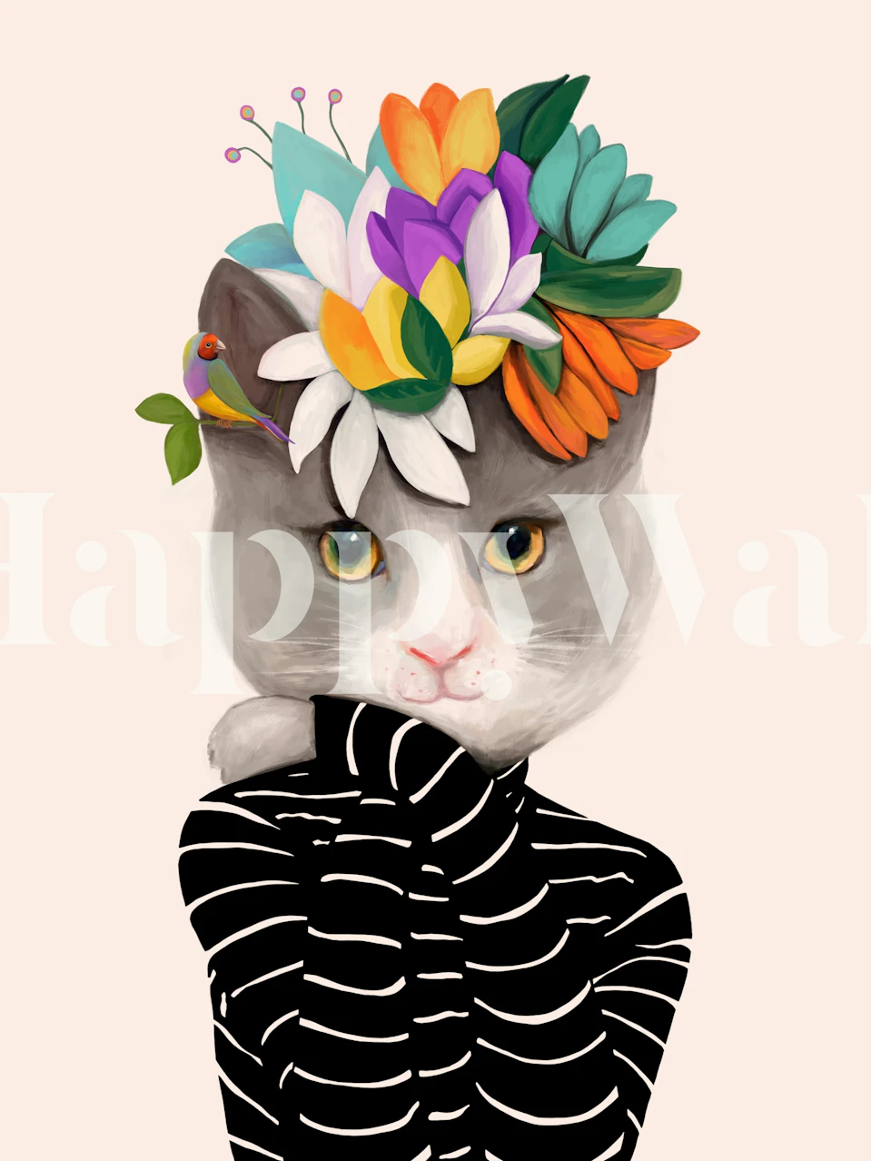 Cat with Flowers and Bird tapet i et rom