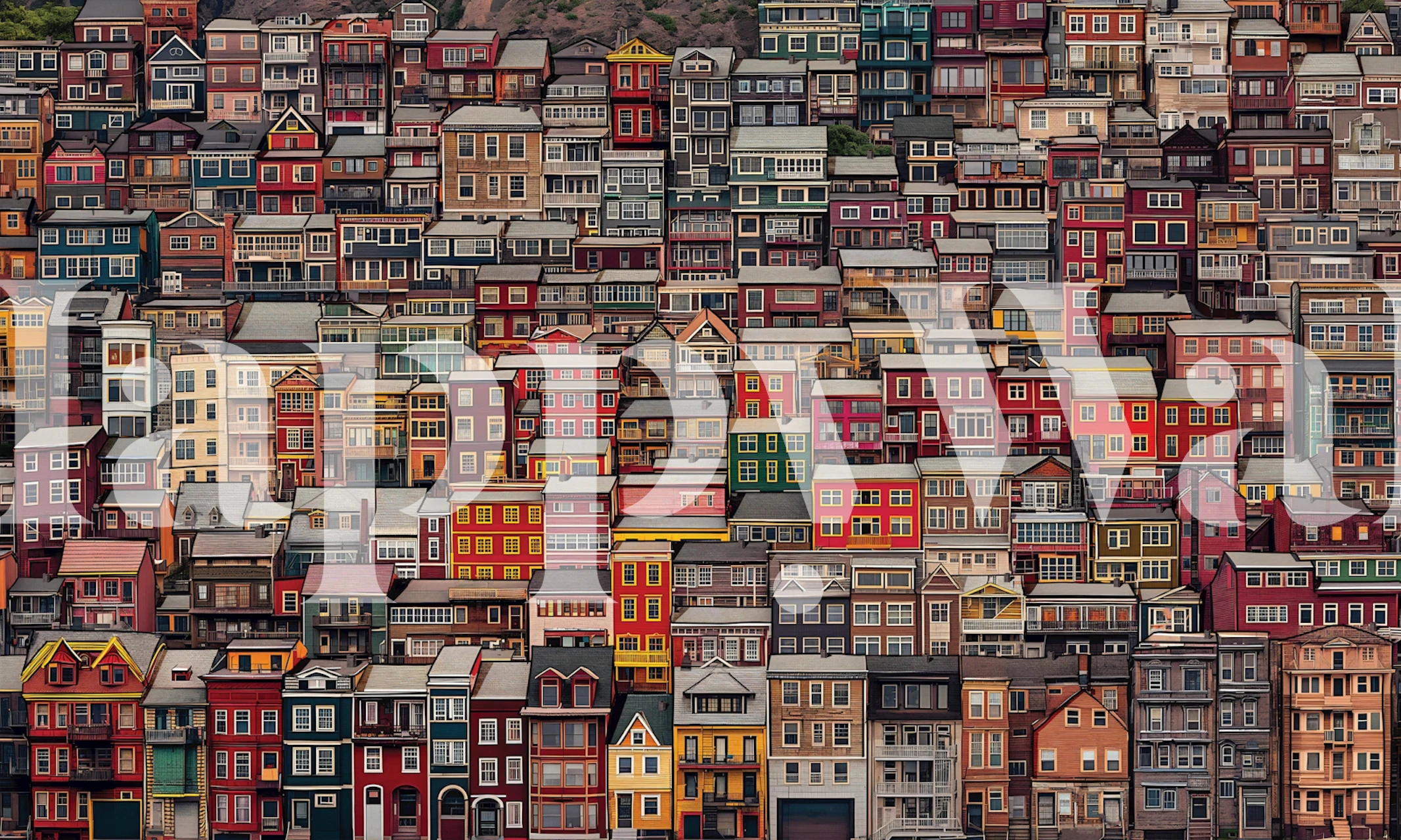 Colorful urban house patterns in various shades of red, blue, yellow, and green wallpaper