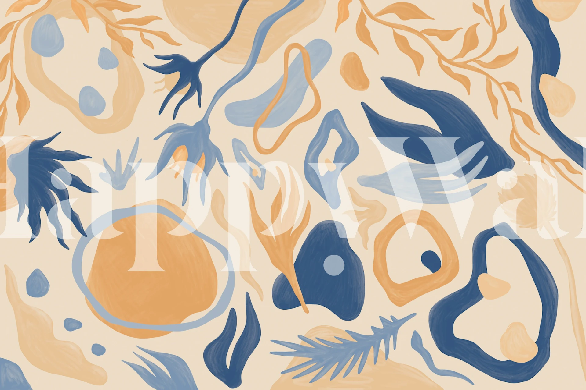 Abstract botanical shapes in blue and tan colors wallpaper