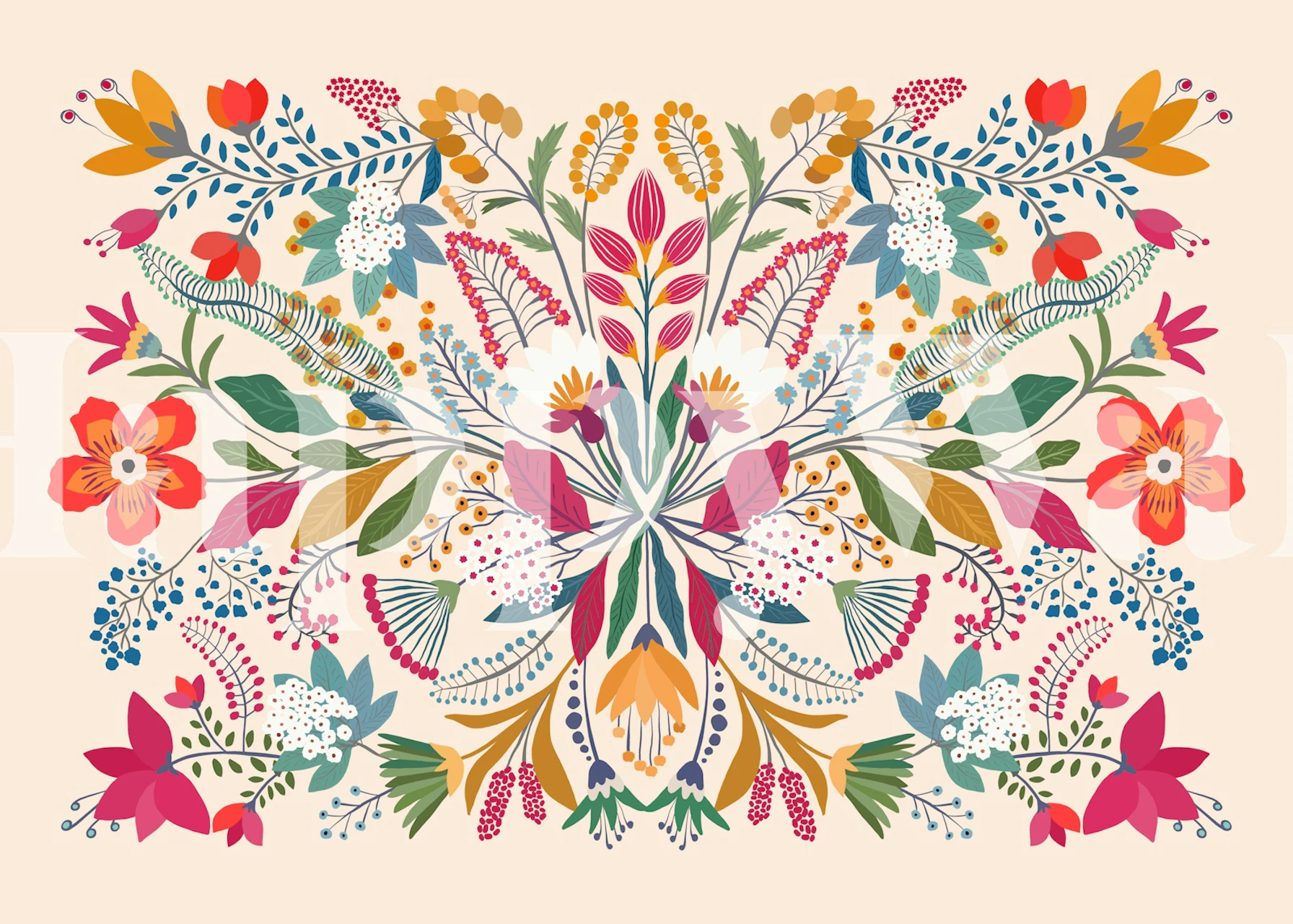 Colorful floral design featuring pink, orange, and blue flowers on a cream background wallpaper.
