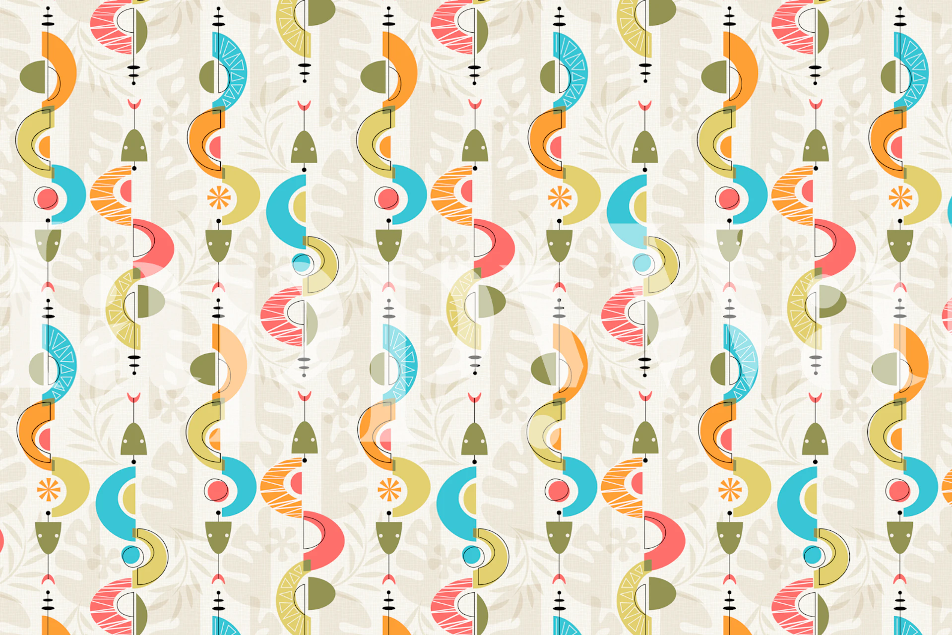 Colorful tropical snakes pattern in vibrant colors on a soft cream wallpaper