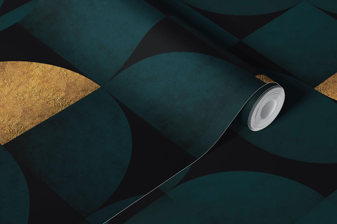 Mid-Century Dark Teal and Luxury Gold wallpaper roll