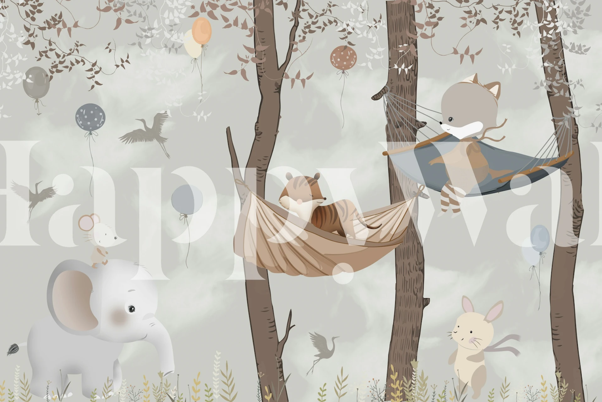 Cute animal forest featuring elephants, raccoons, and balloons in soft colors wallpaper