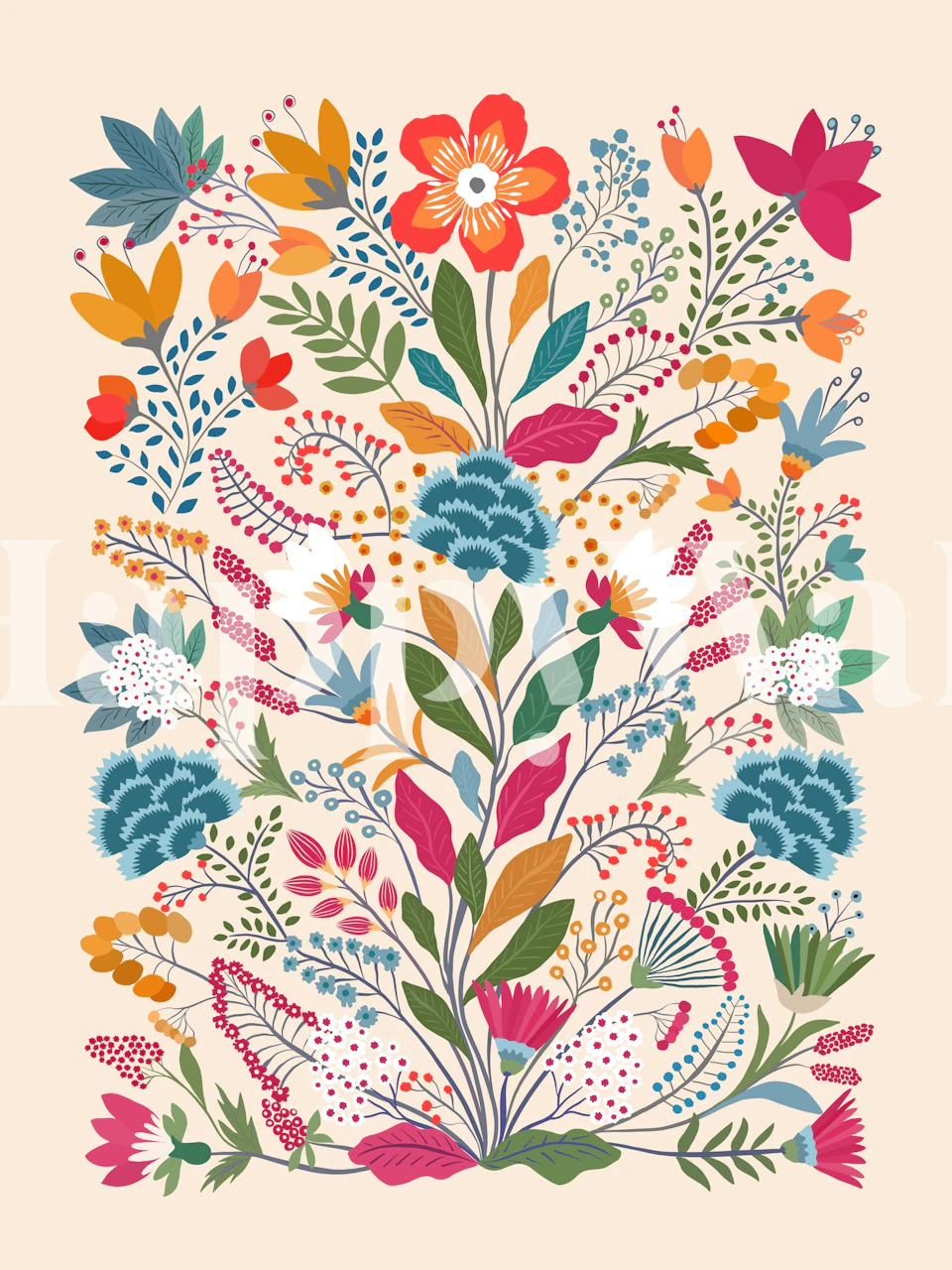 Colorful floral design with pink, blue, and orange flowers on beige wallpaper