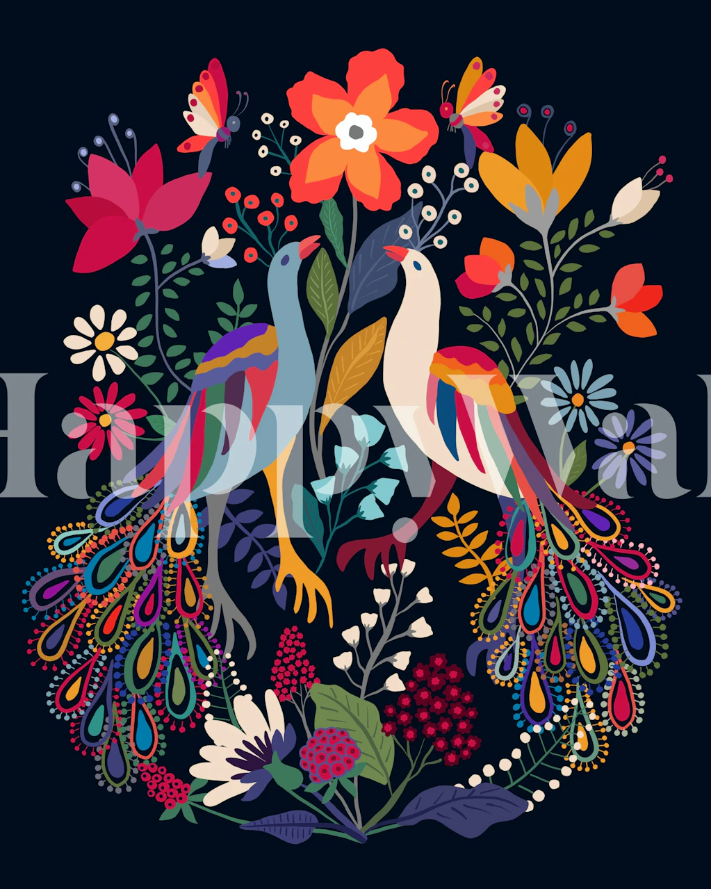 Colorful peacock and flowers on dark blue wallpaper