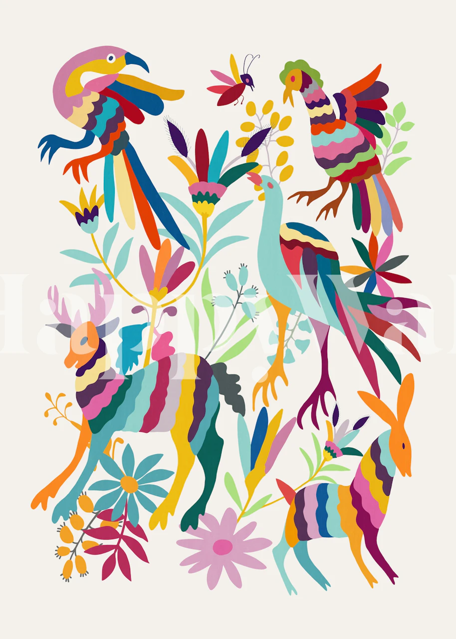 Tropical animals and plants in vibrant colors wallpaper