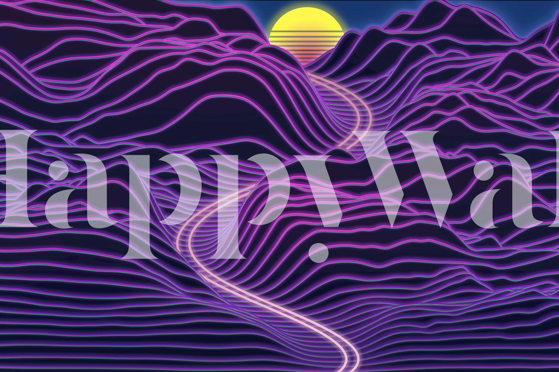 Neon mountains with winding path and bright sun wallpaper