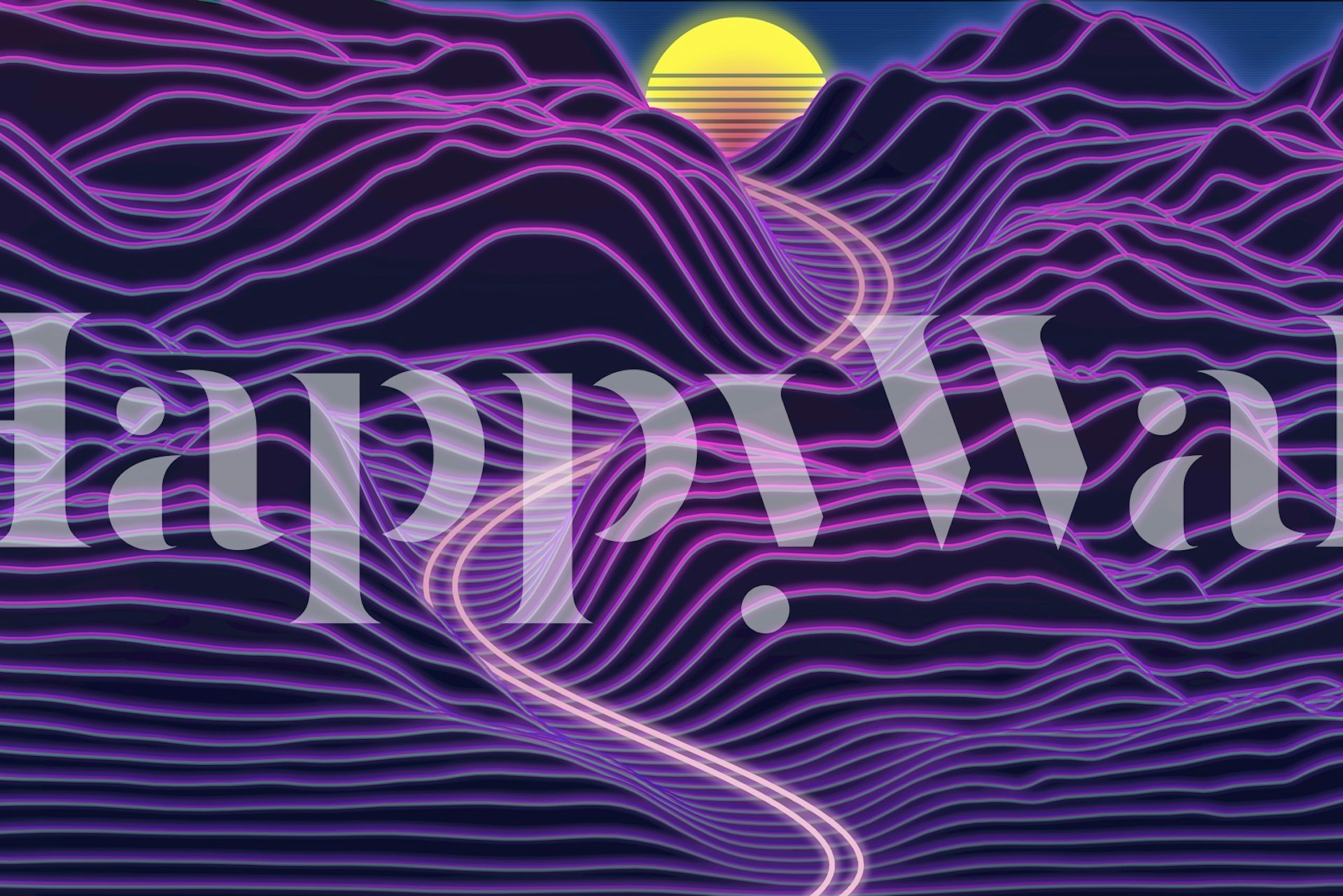 Neon mountains with winding path and bright sun wallpaper