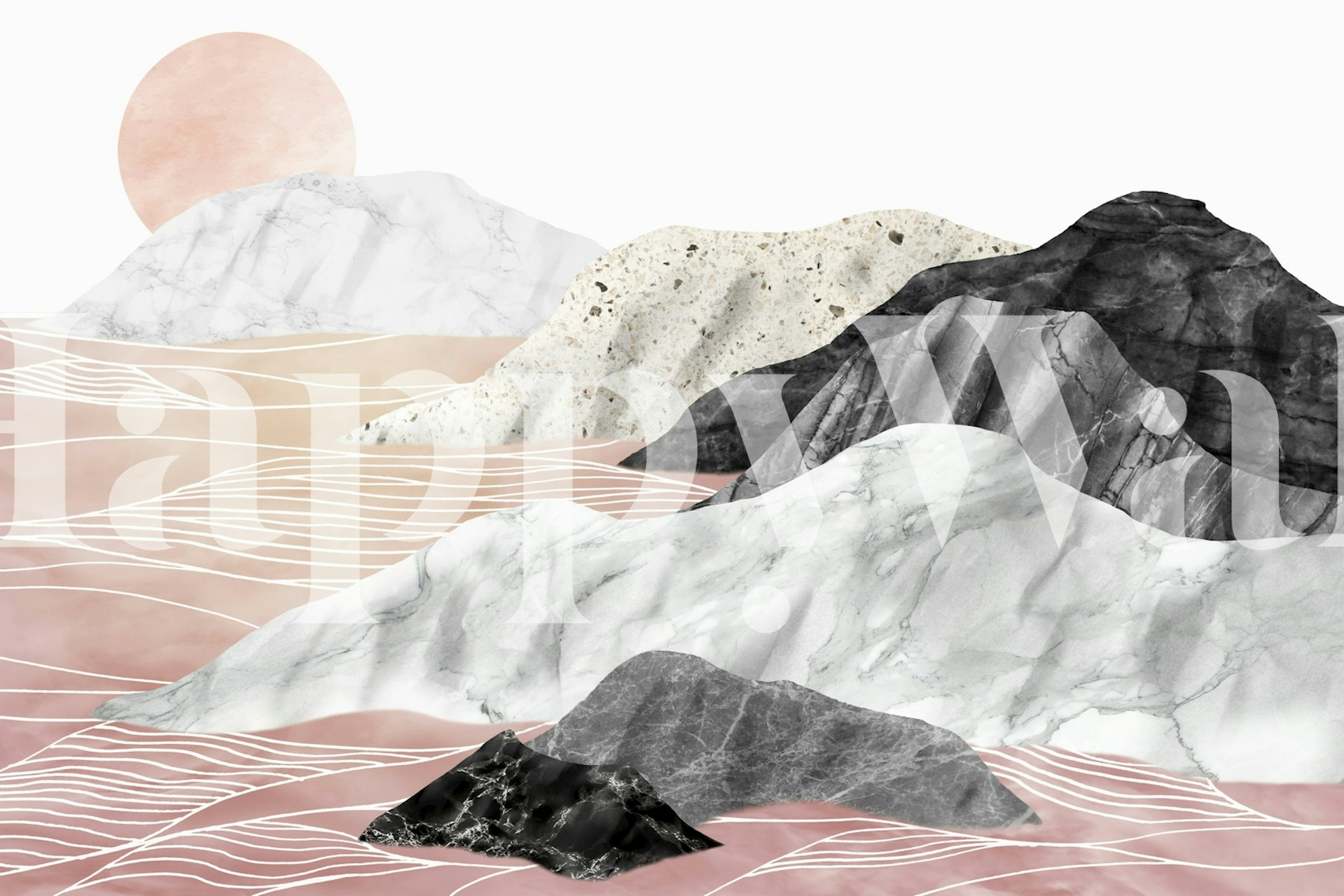 Marble landscape wallpaper with pink and gray mountains and a rising sun