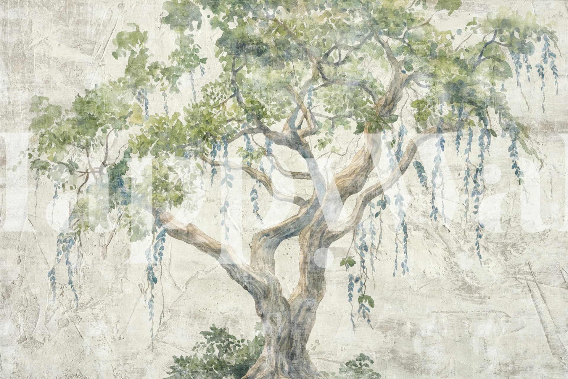 Lush Green Tree Oasis Grunge tapeta w pokoju