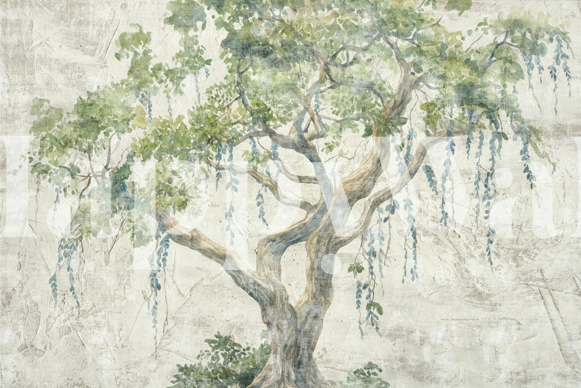Lush green tree mural with grey background wallpaper