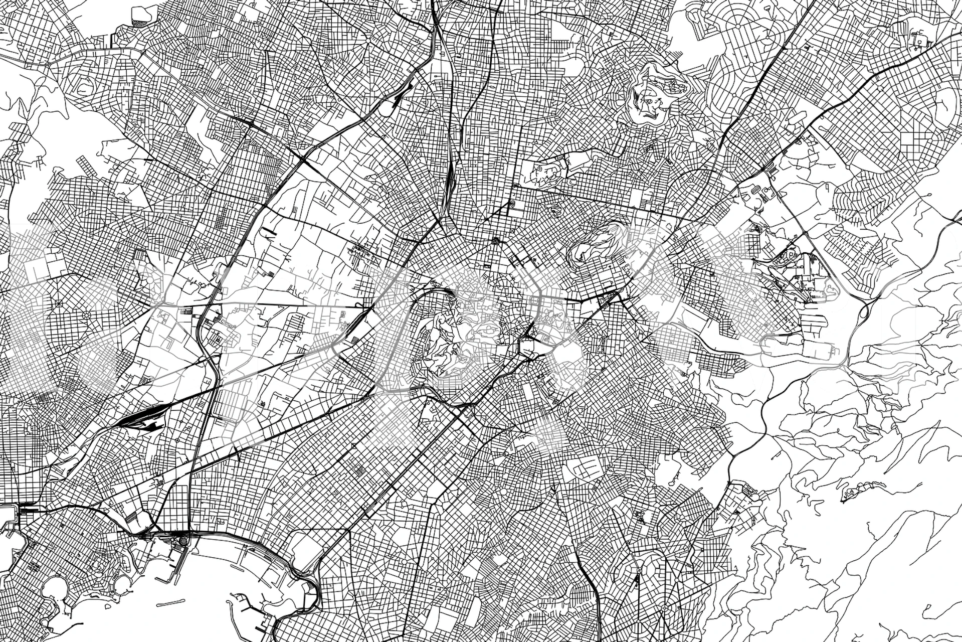 Black and white detailed map of Athens wallpaper