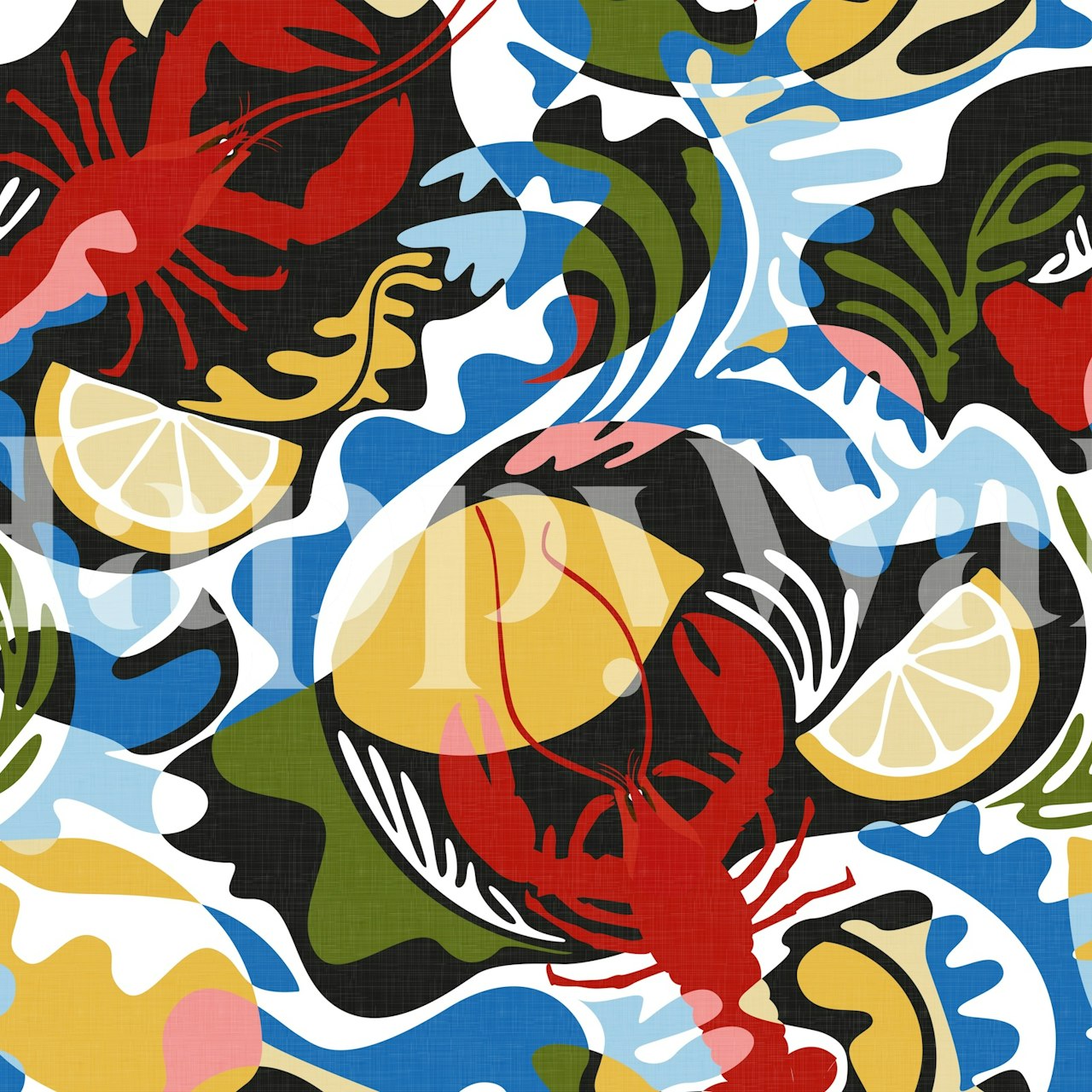 Colorful lobster and lemon patterns on a black background wallpaper