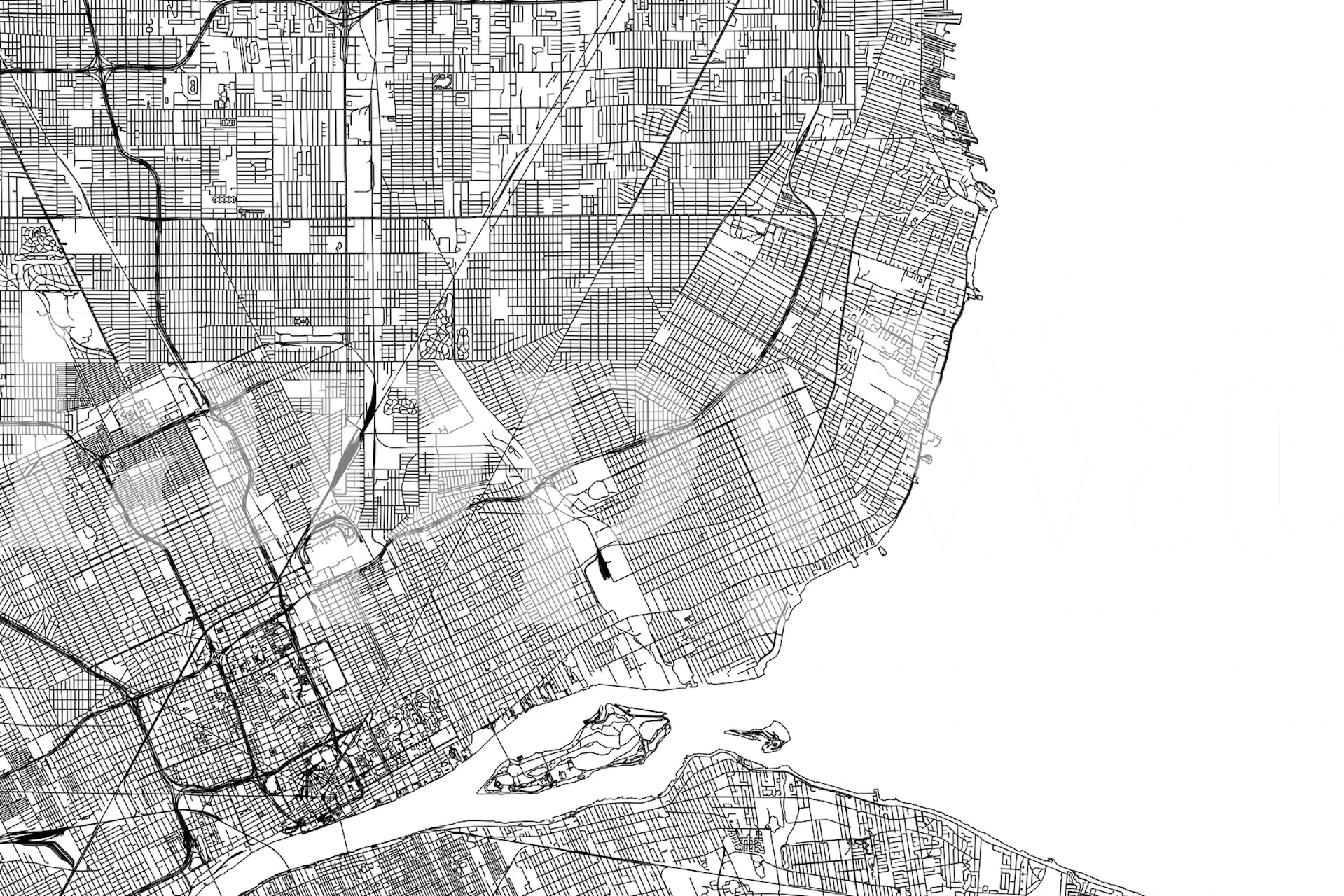 Black and white map of Detroit showcasing streets and neighborhoods wallpaper