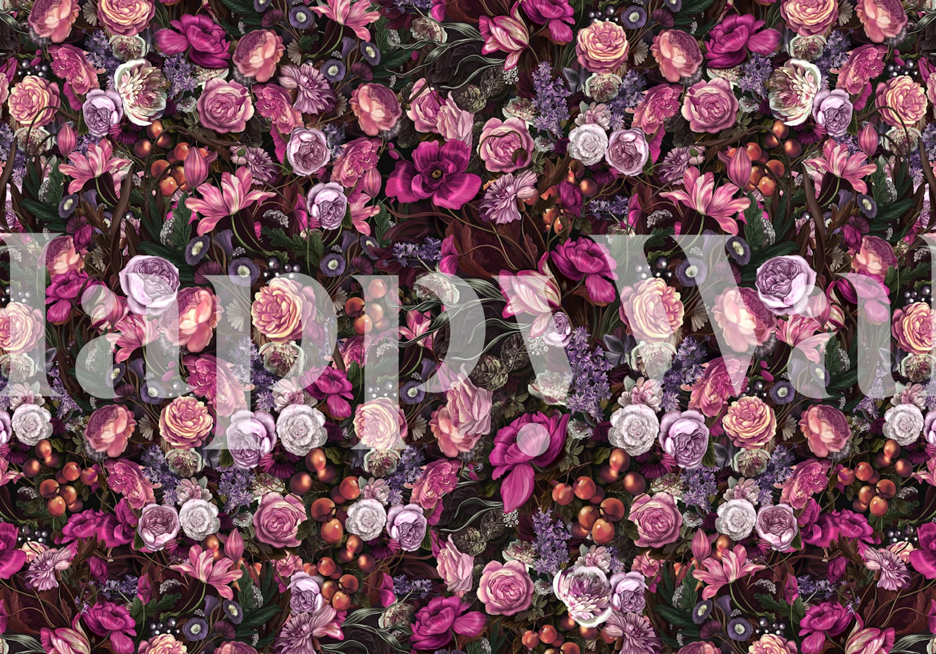 Pink and purple floral wallpaper with lush blossoms and leaves