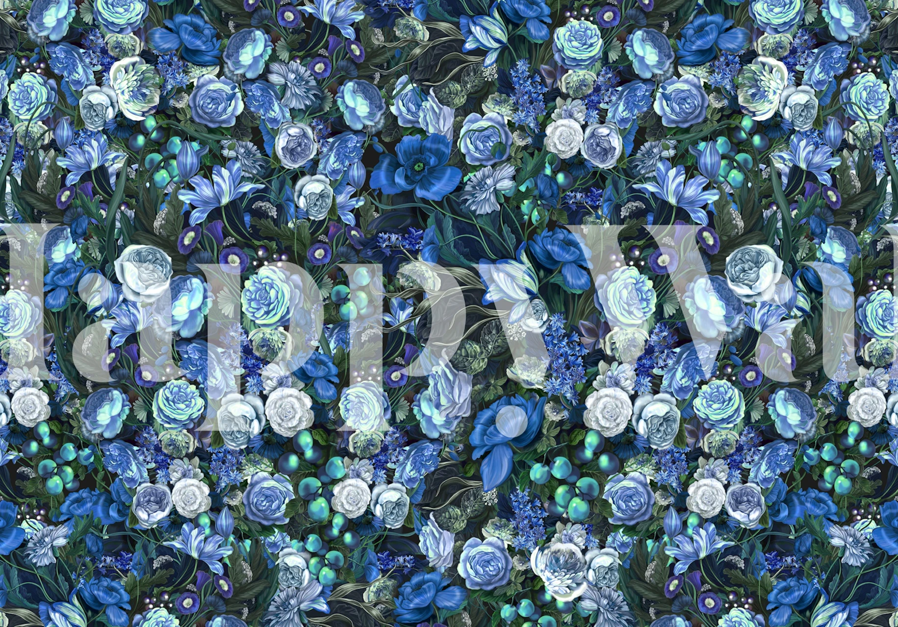 Midnight blue floral pattern with roses and greenery wallpaper