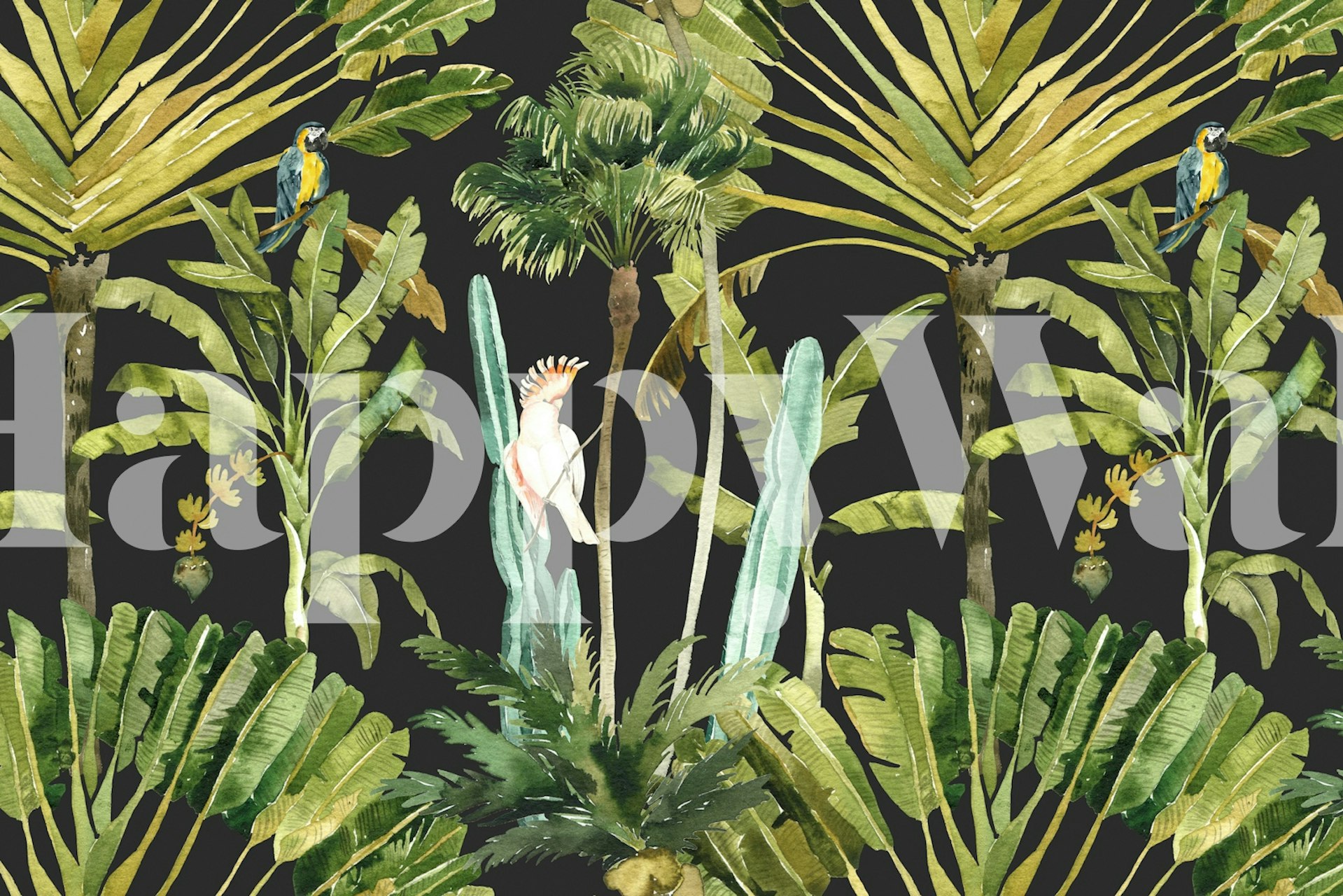 Tropical palm leaves, exotic birds, green foliage wallpaper