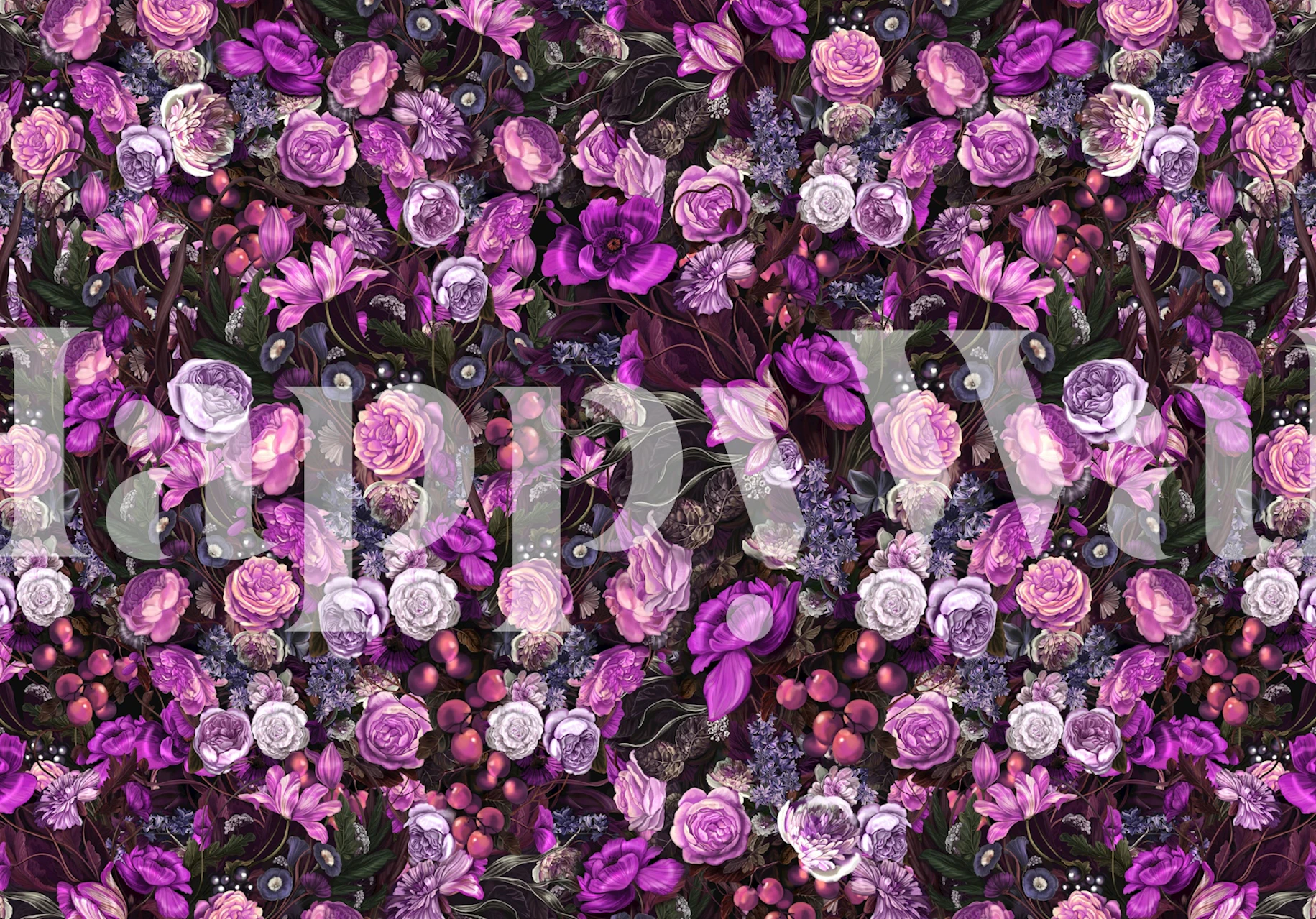 Purple floral pattern with roses, lilies, and black leaves wallpaper