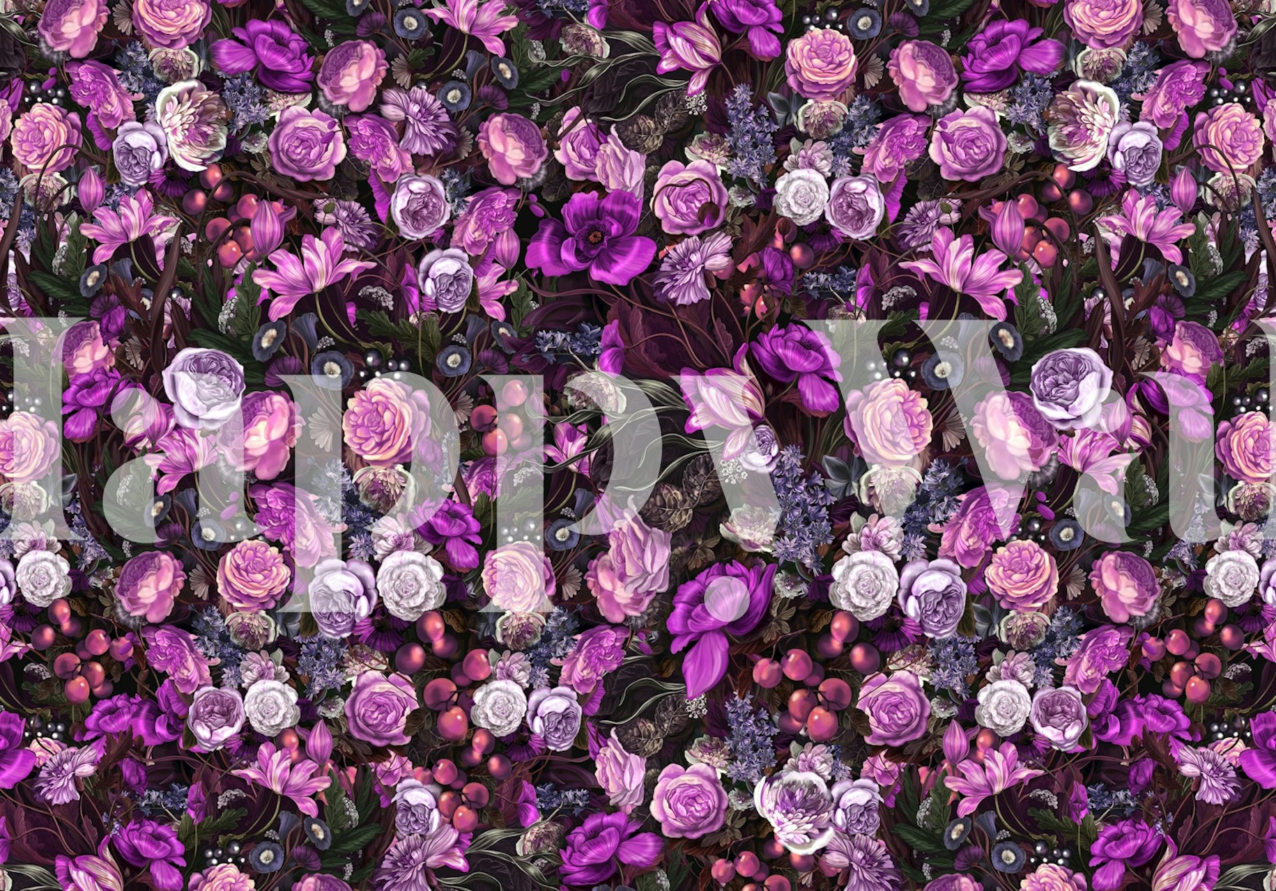 Purple floral pattern with roses, lilies, and black leaves wallpaper