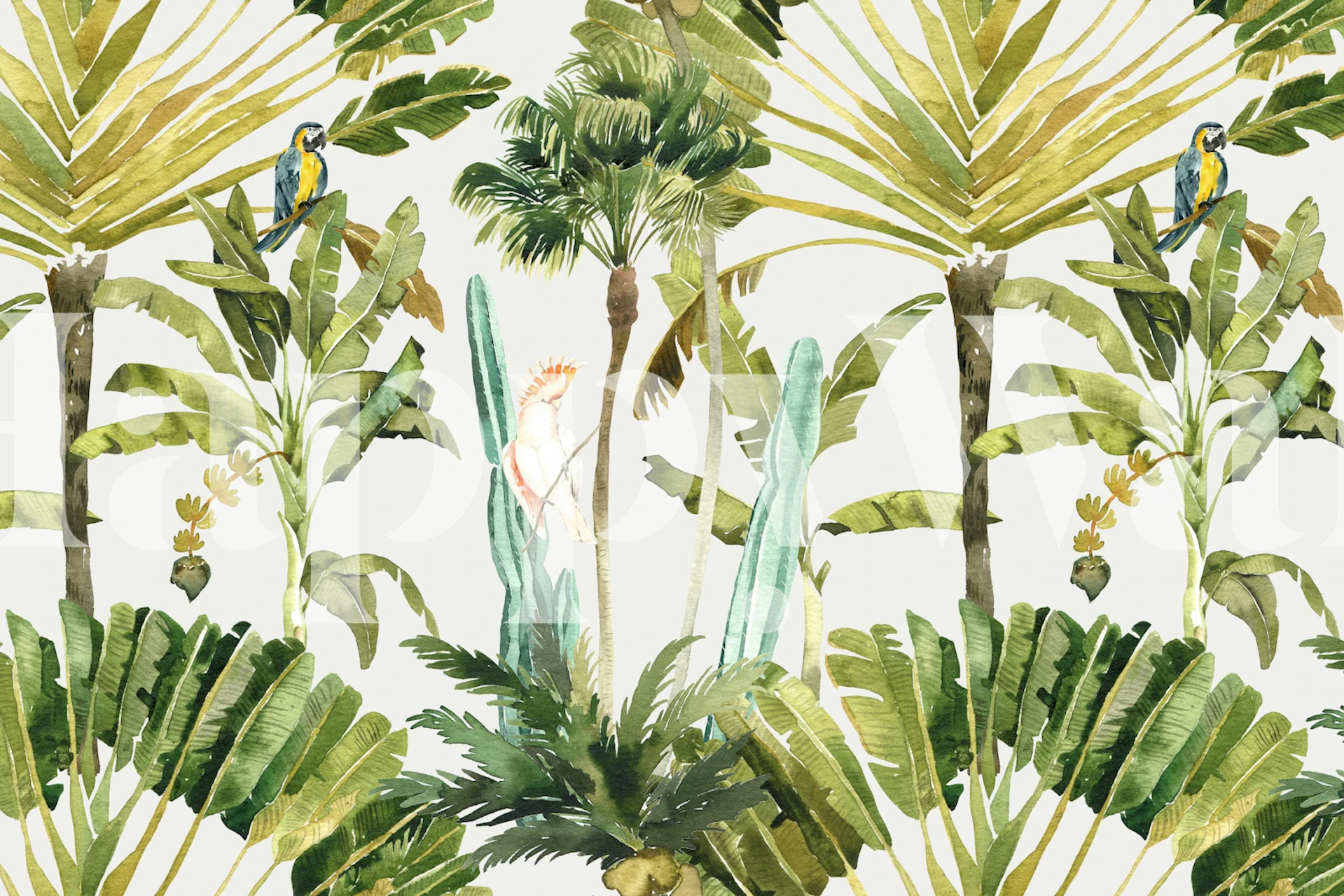 Tropical jungle leaves with colorful parrots green wallpaper