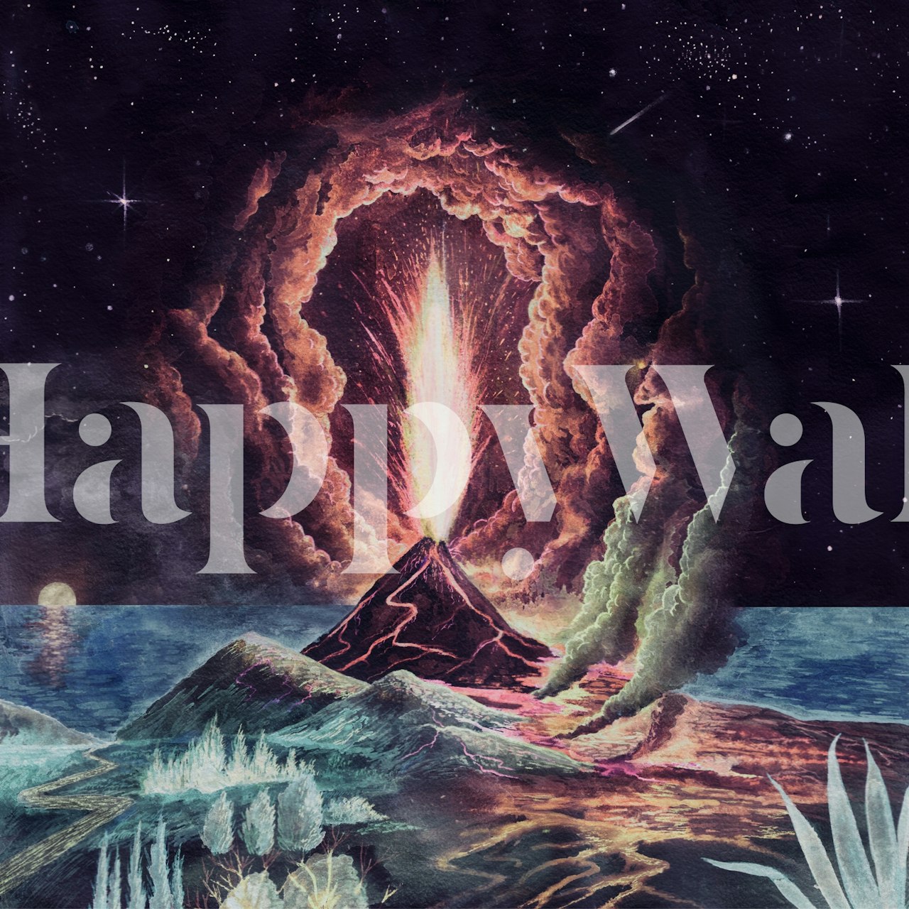 Volcano eruption scene with explosions and vibrant colors wallpaper