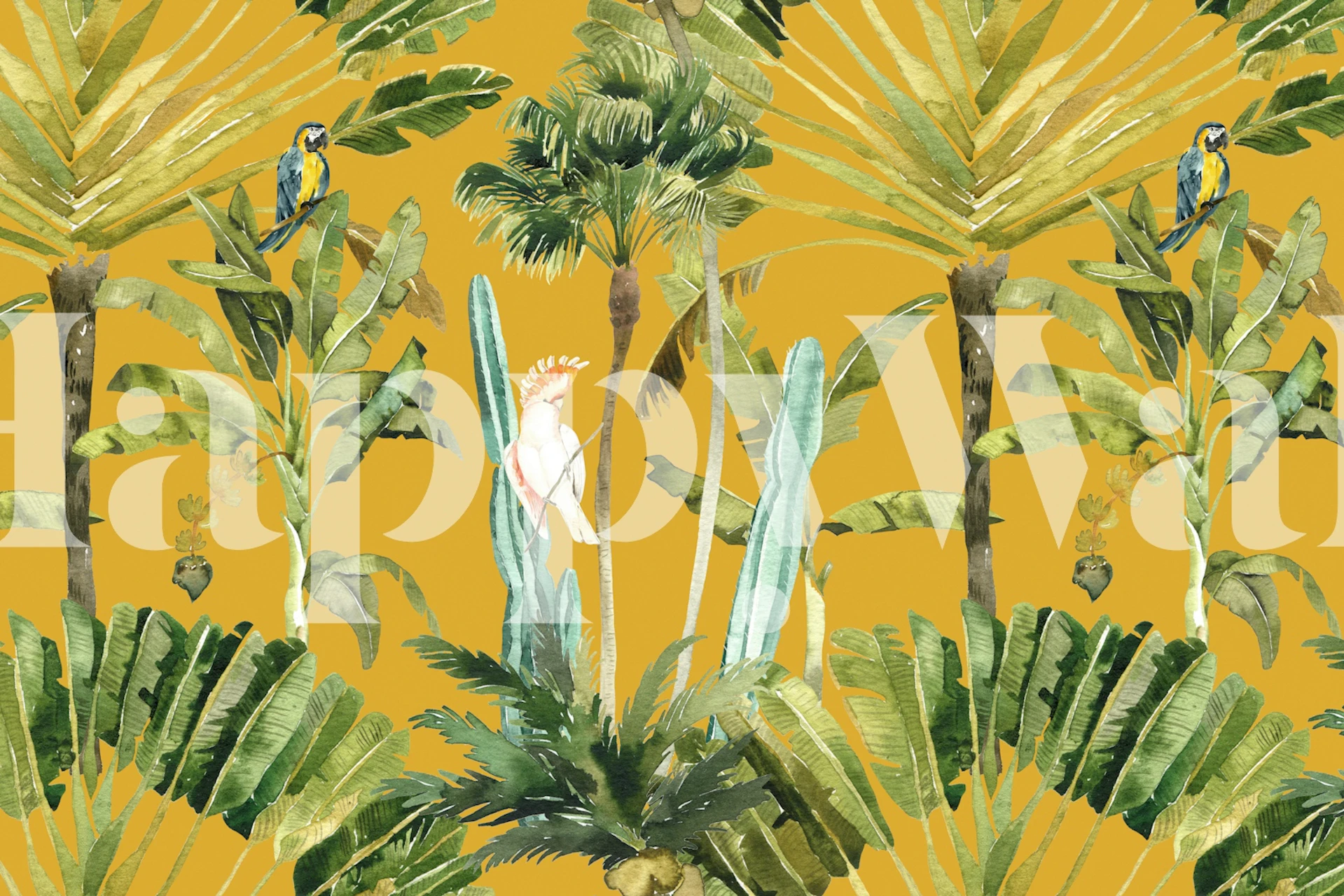 Tropical Birds ja Palm Leaves tapetti huoneessa