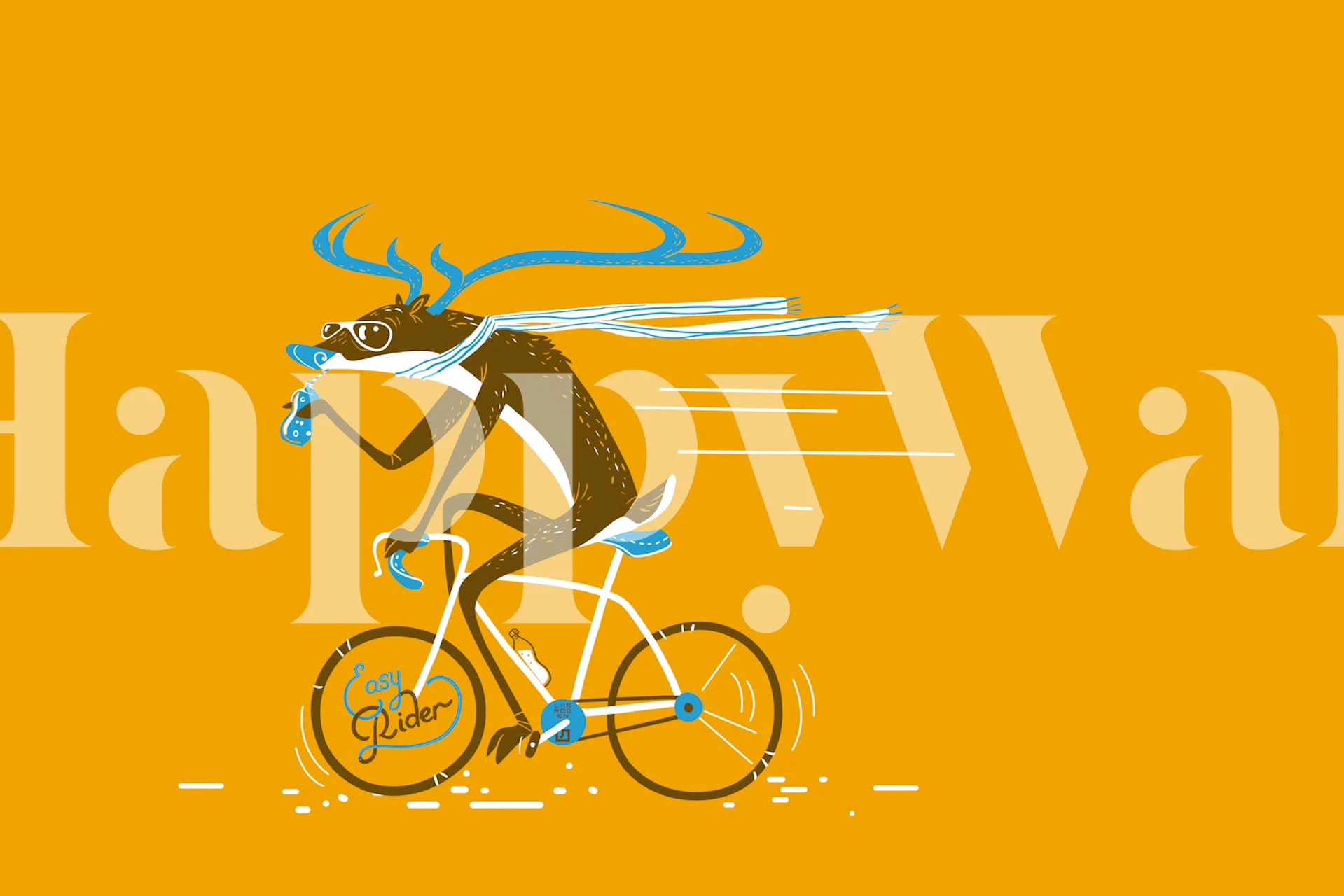Whimsical deer riding a bike with vibrant yellow background wallpaper